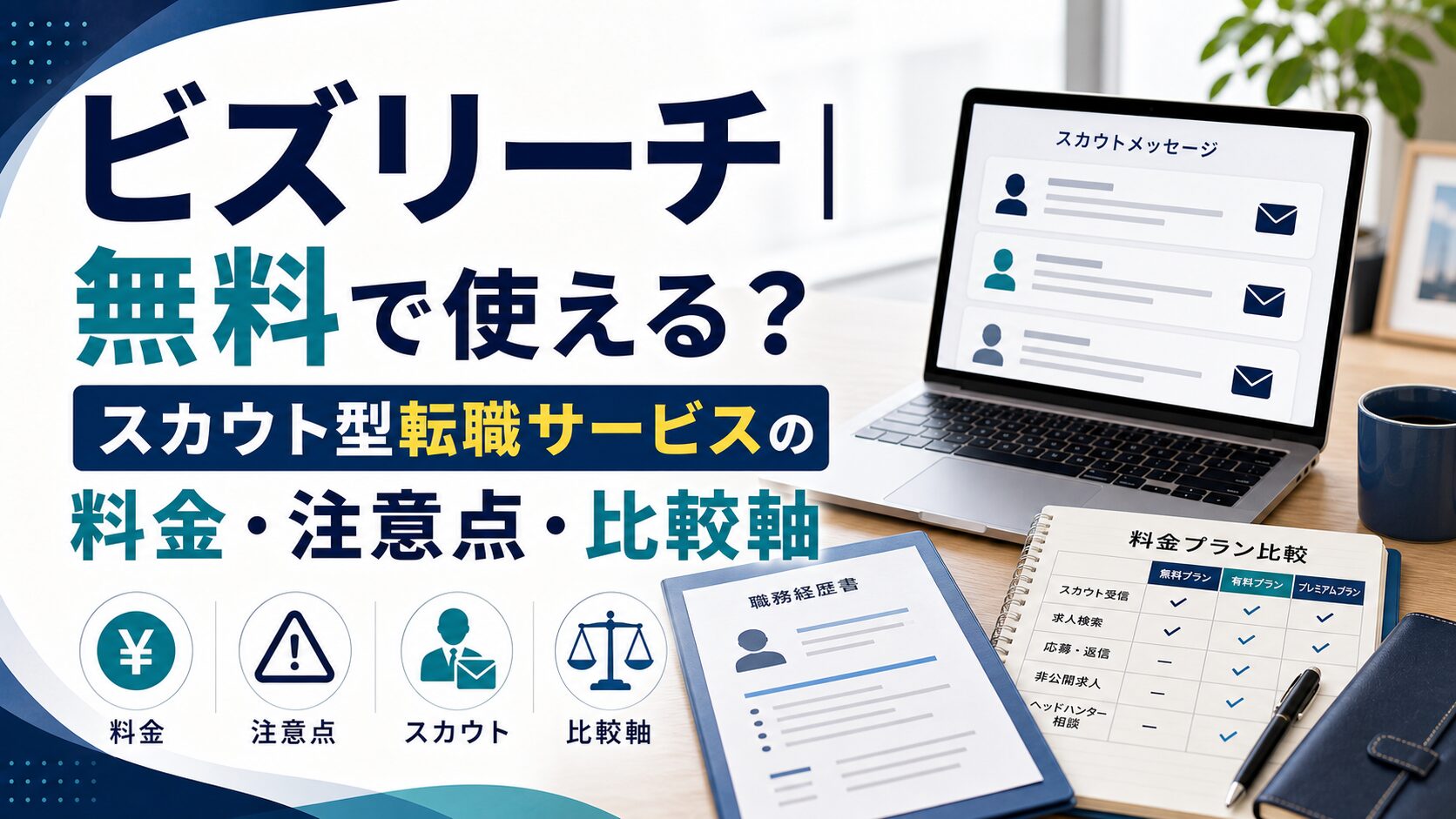 ビズリーチ｜無料で使える？スカウト型転職サービスの料金・注意点・比較軸のアイキャッチ画像