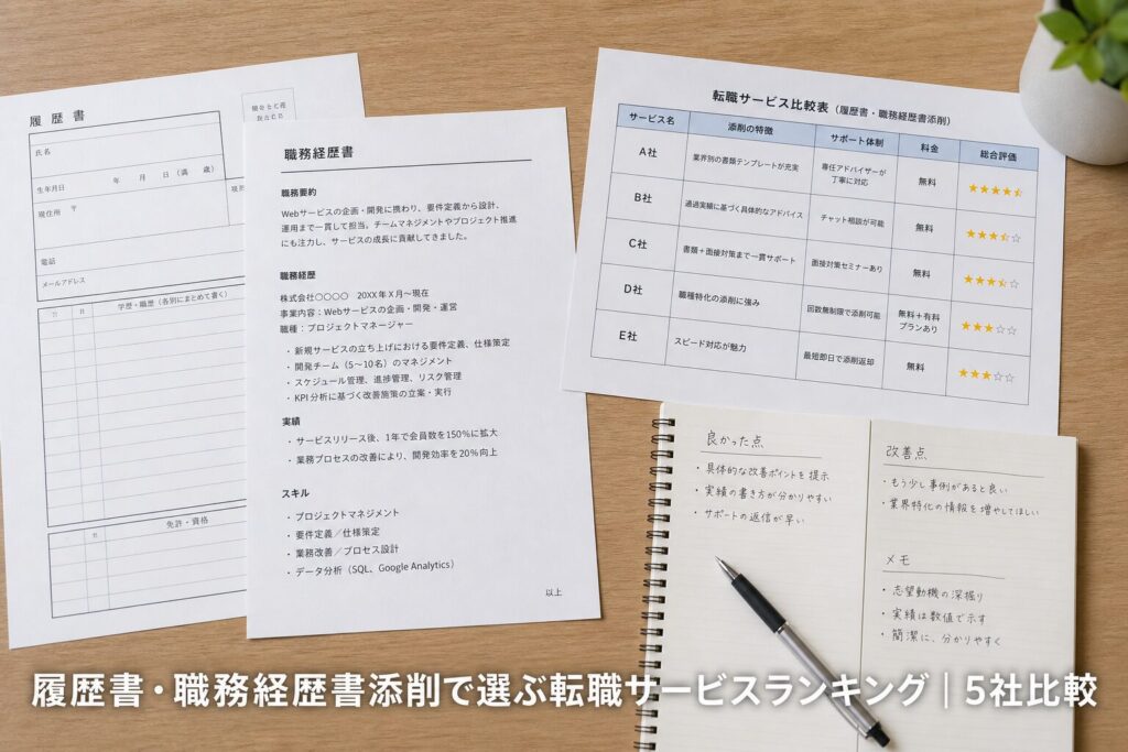 職務経歴書サポートで選ぶ転職サービスランキング｜書類添削の比較ポイントのアイキャッチ画像