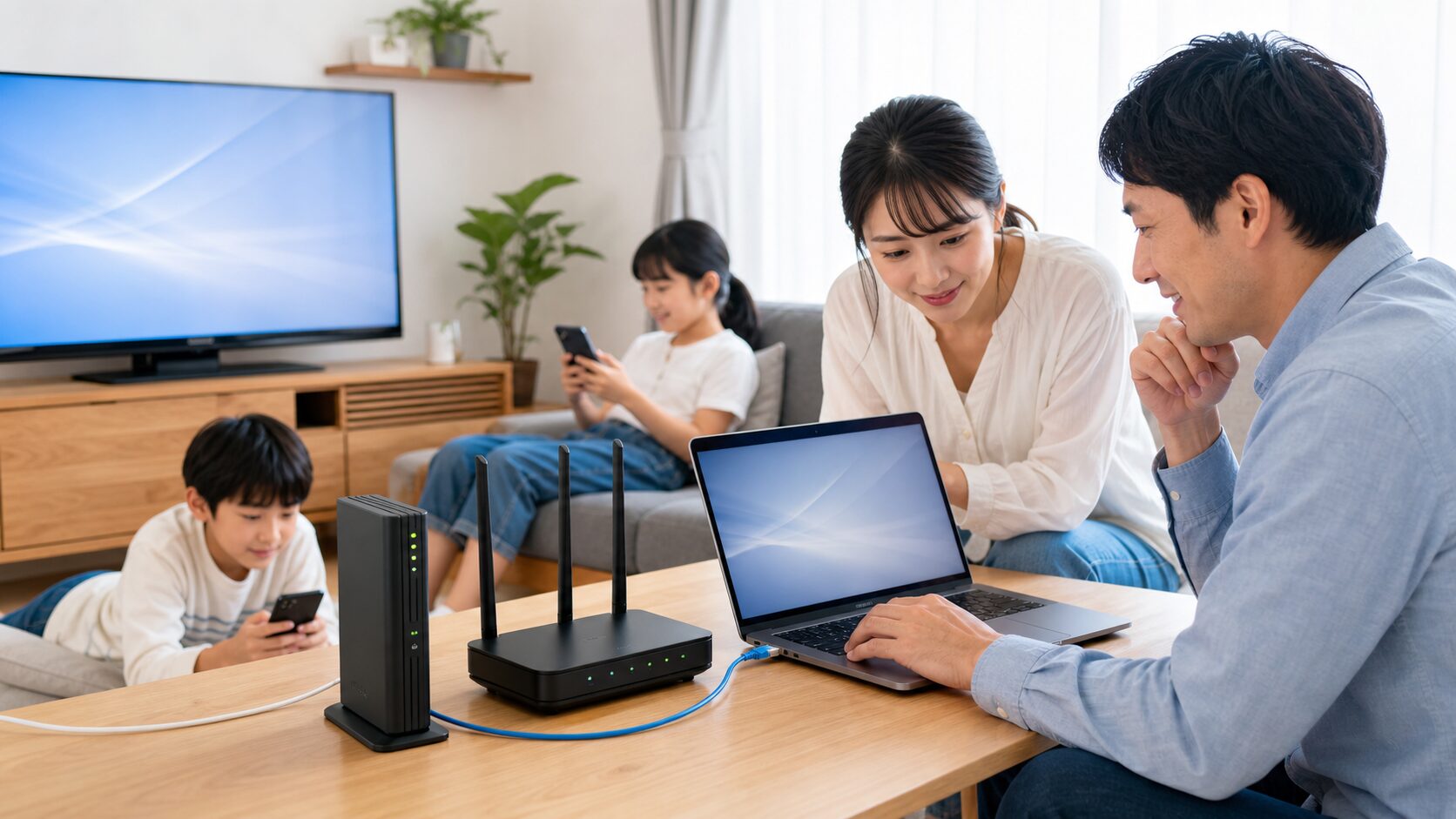 光回線ルーターを使い複数端末を接続する家庭のイメージ