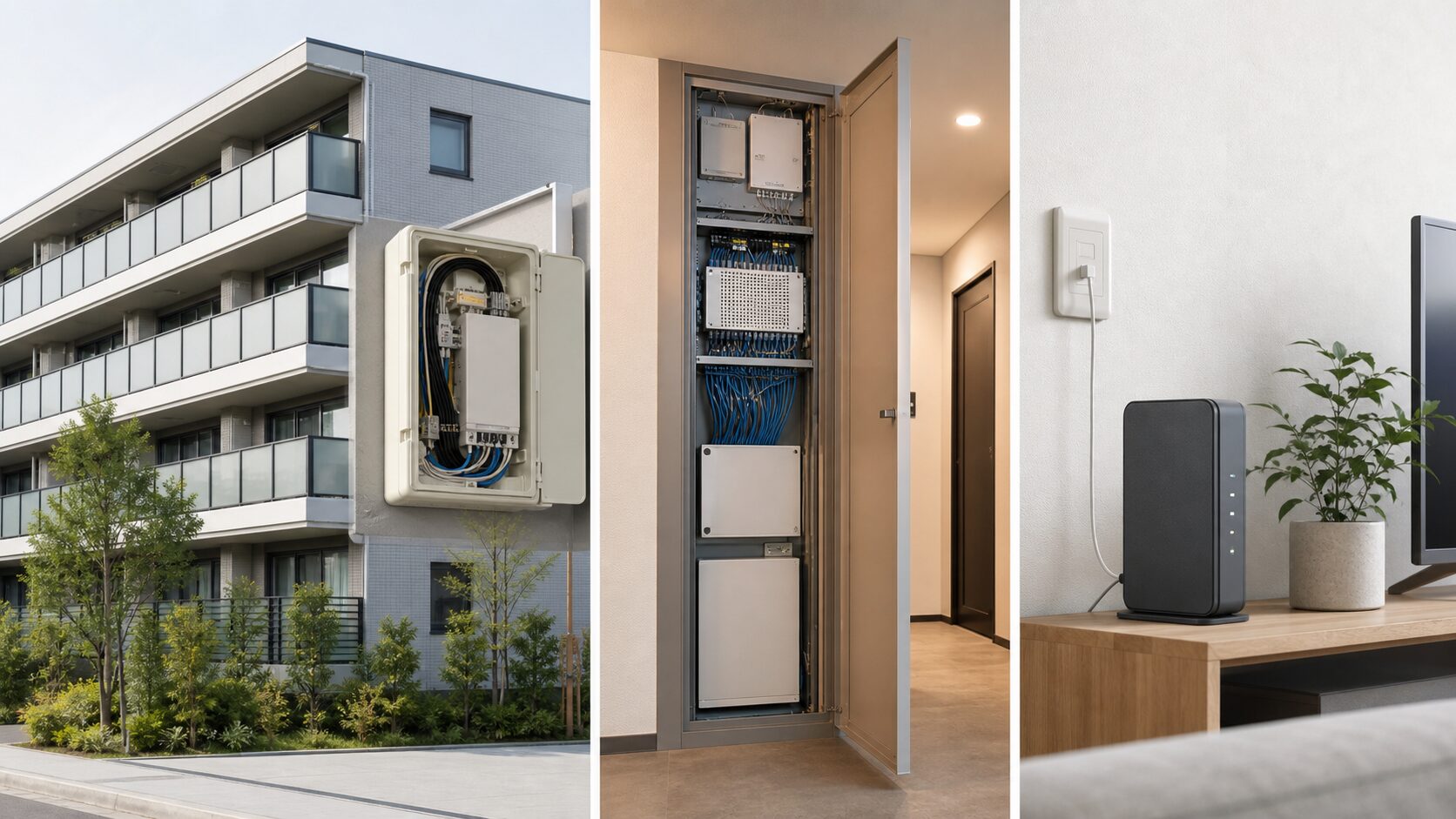 マンション共用部の通信設備から室内ルーターへつながるイメージ