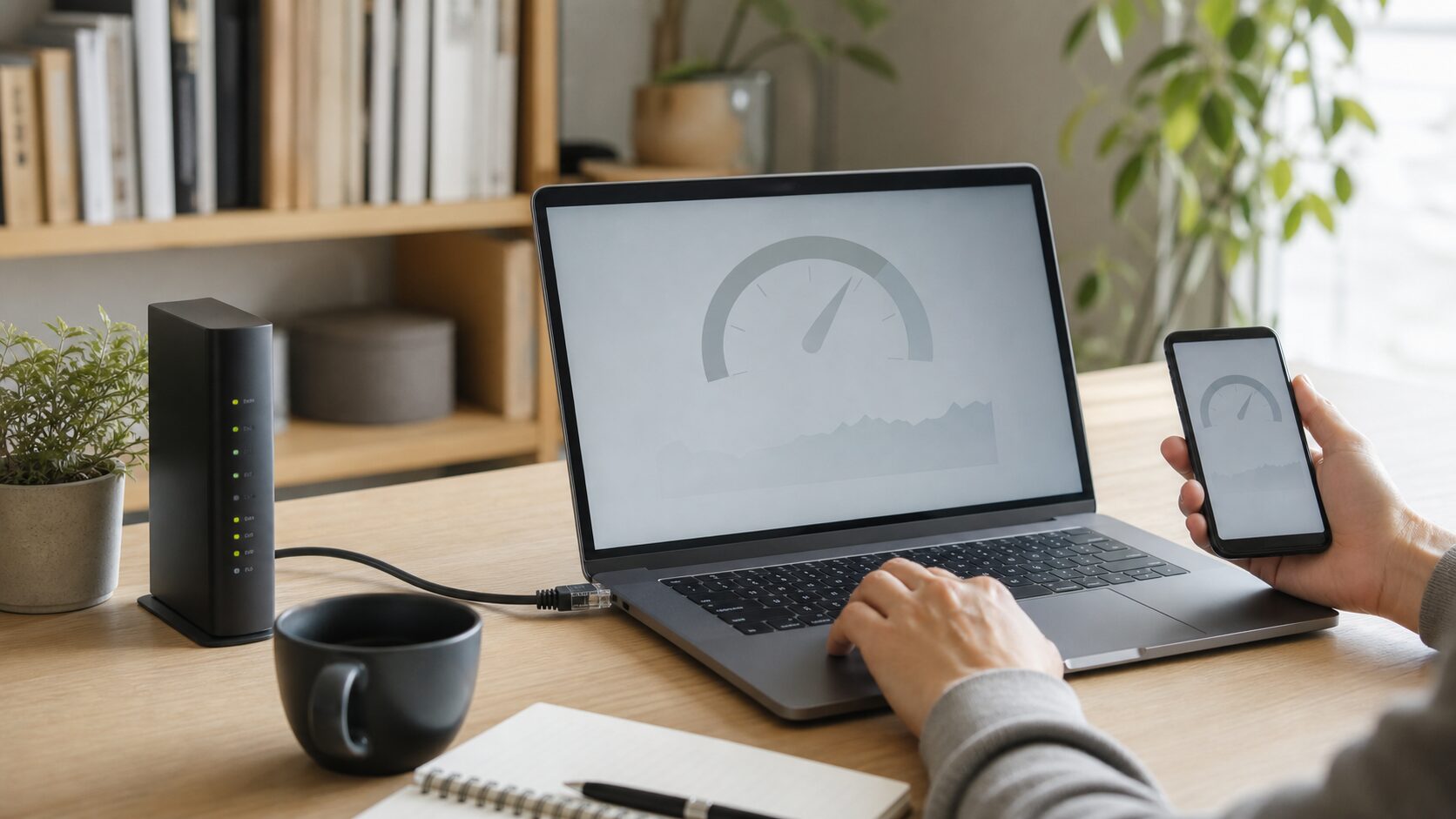 有線LANとWi-Fiで家庭の通信速度を確認するイメージ
