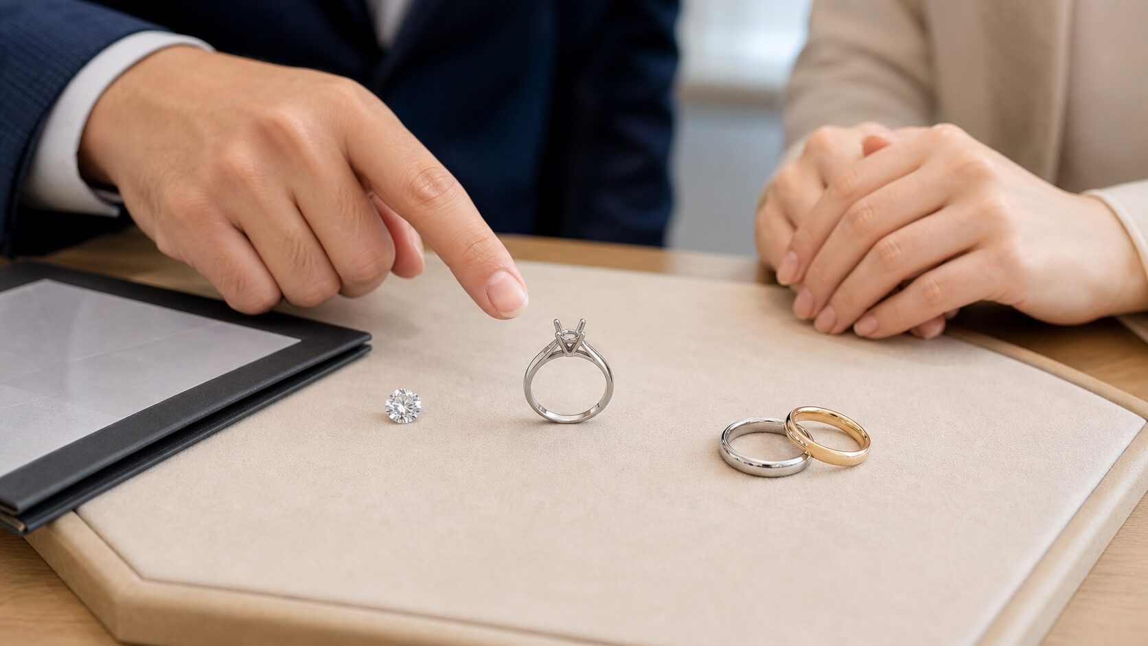 婚約指輪のリング枠とルースダイヤモンド、結婚指輪ペアを比較するイメージ