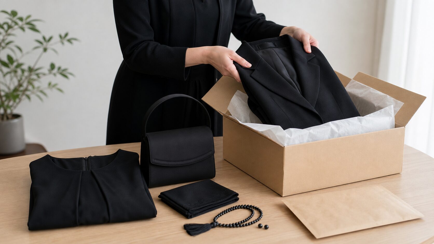 礼服と小物を点検して返却箱へ戻すイメージ