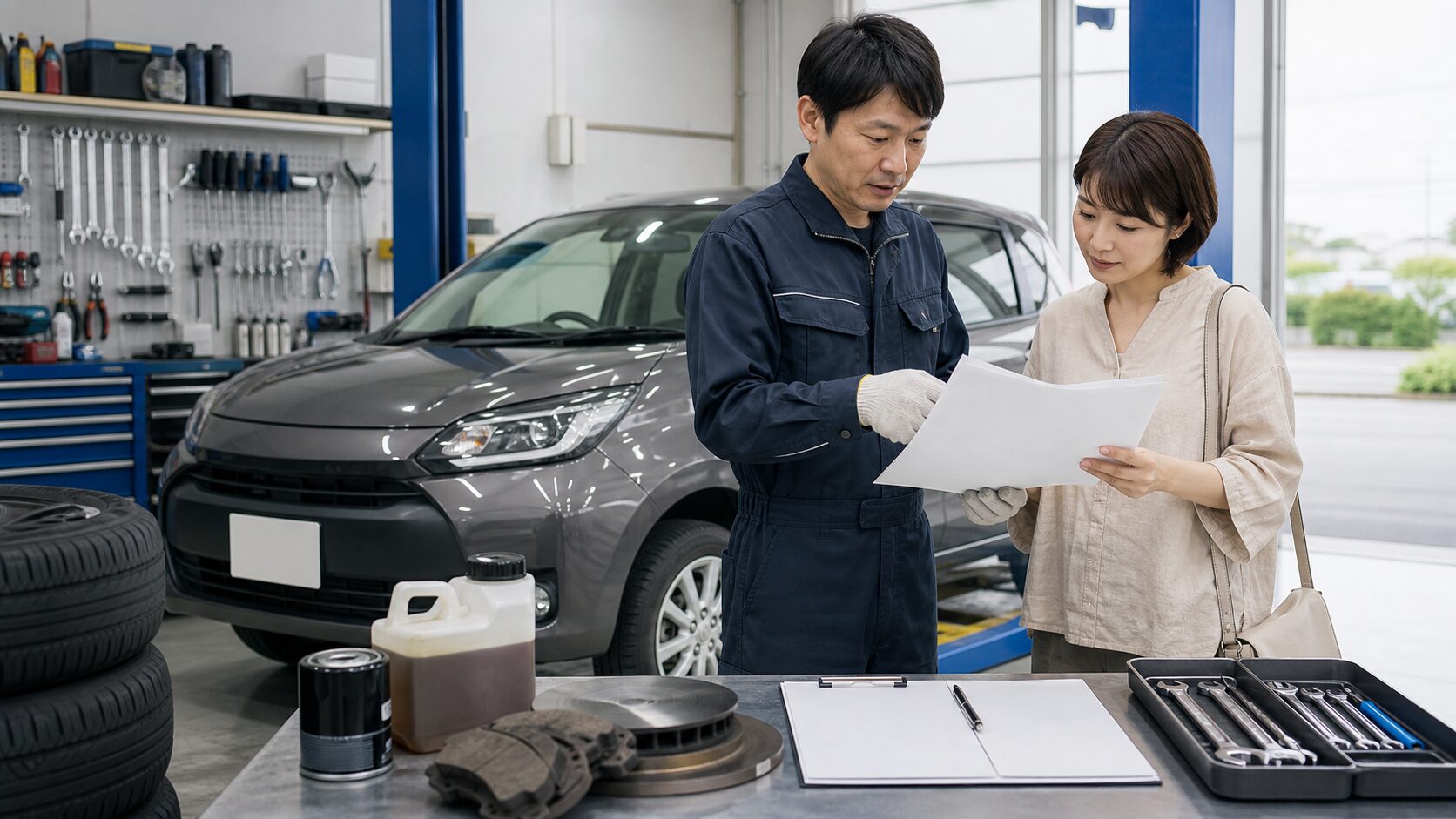カーリースの車検や消耗品の対象を整備士と確認するイメージ