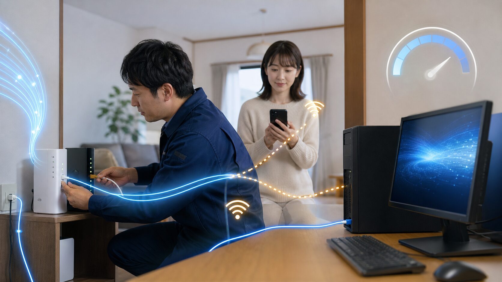 光回線の工事後に有線LANとWi-Fiの速度条件を確認するイメージ