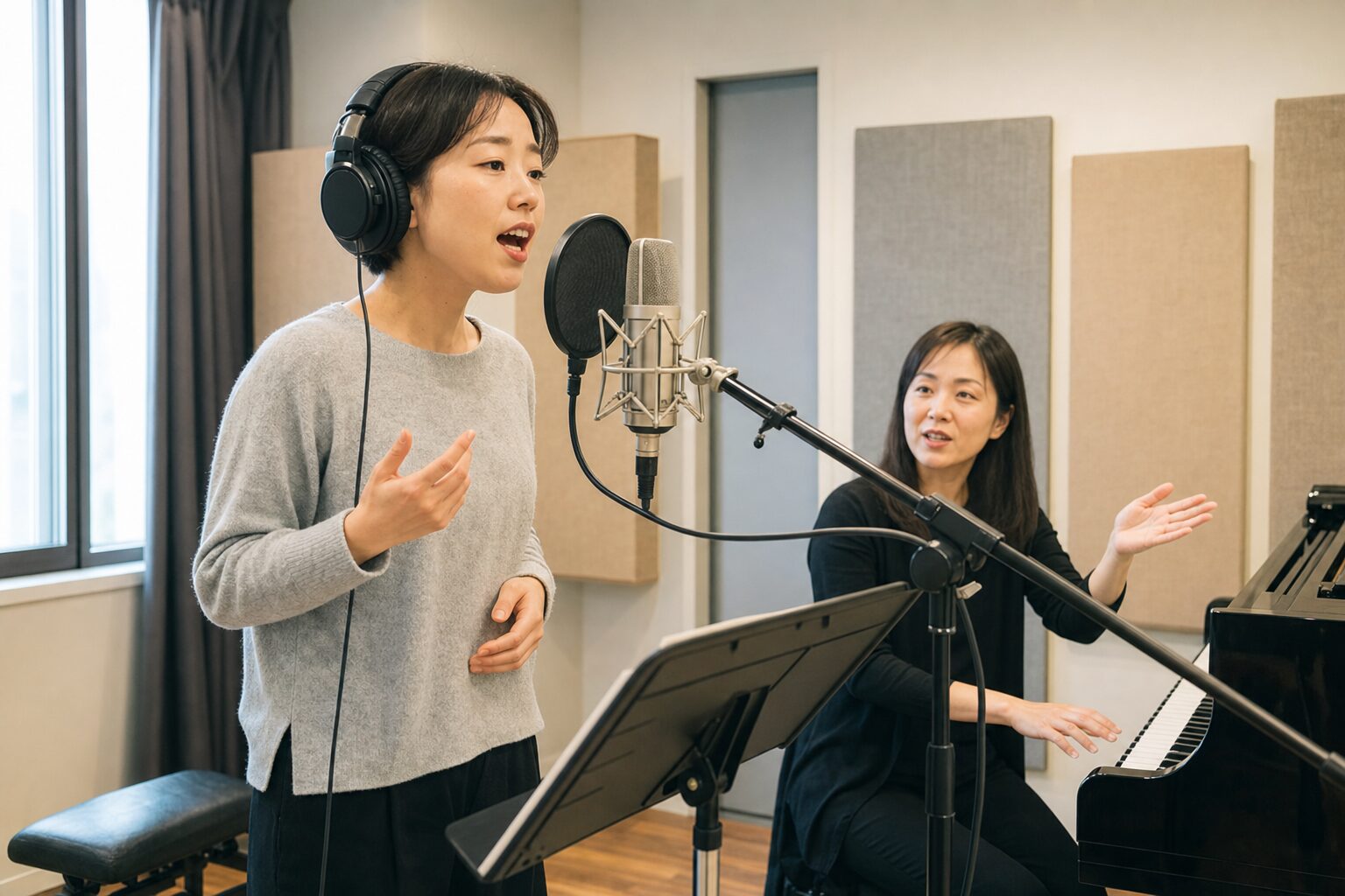 防音音楽スタジオで受講者がマンツーマンの発声指導を受けるイメージ
