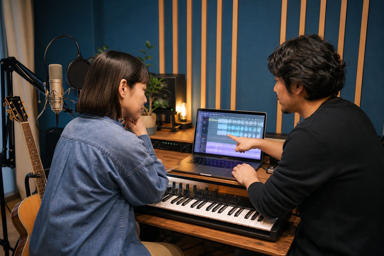 音楽制作室で講師と受講者が音声波形を見ながらDTMを学ぶイメージ