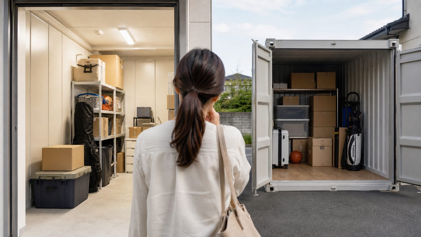 屋内型と屋外型の収納スペースを比べるイメージ