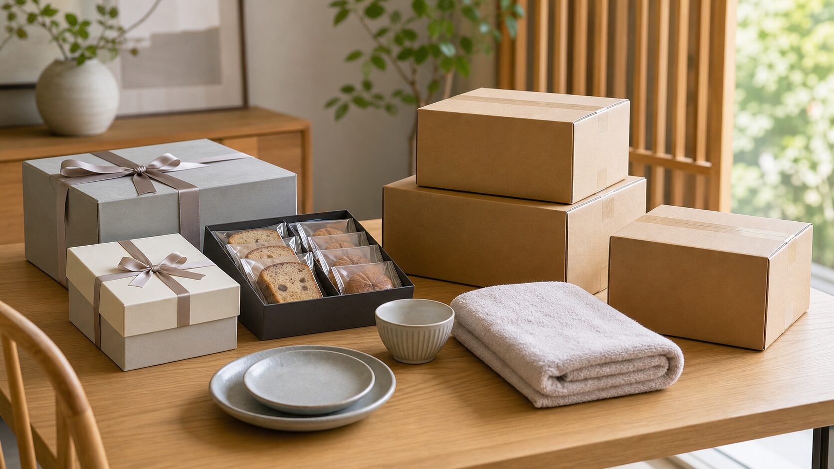 ギフト商品と発送元の異なる小包を比較するイメージ