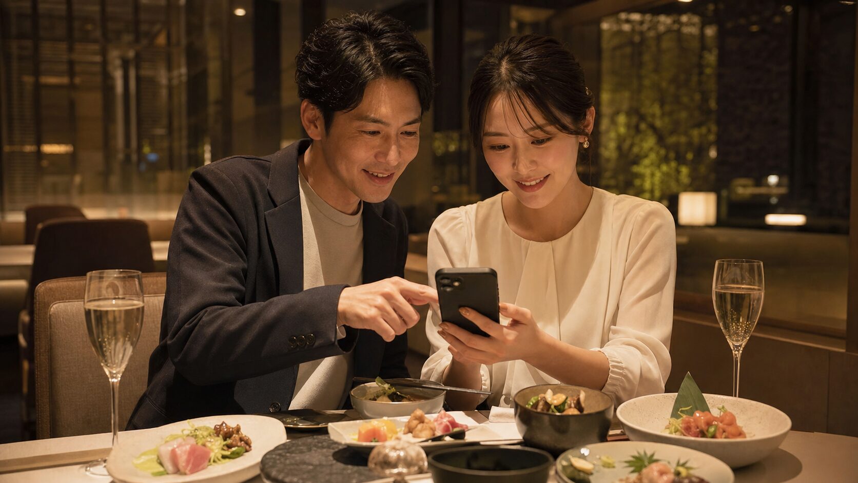 レストランのコース内容と総額をスマートフォンで比べるイメージ