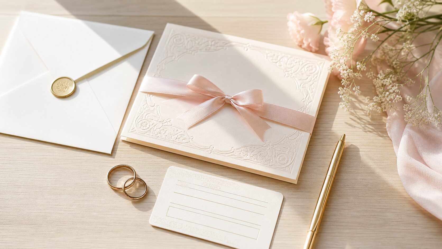 結婚式の招待状と指輪を前に予約条件を整理するイメージ