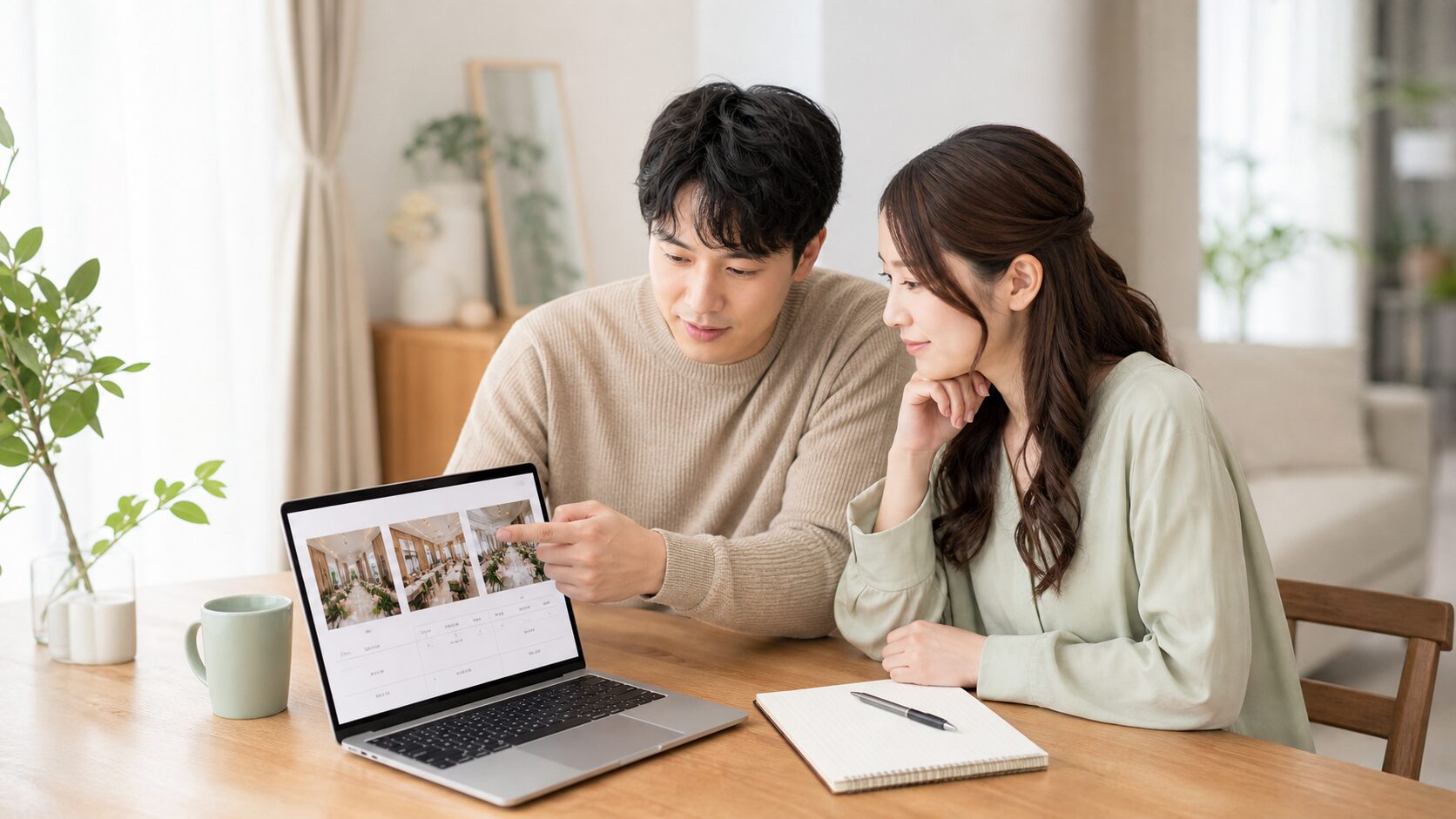 婚約中の二人が結婚式場候補を比較するイメージ