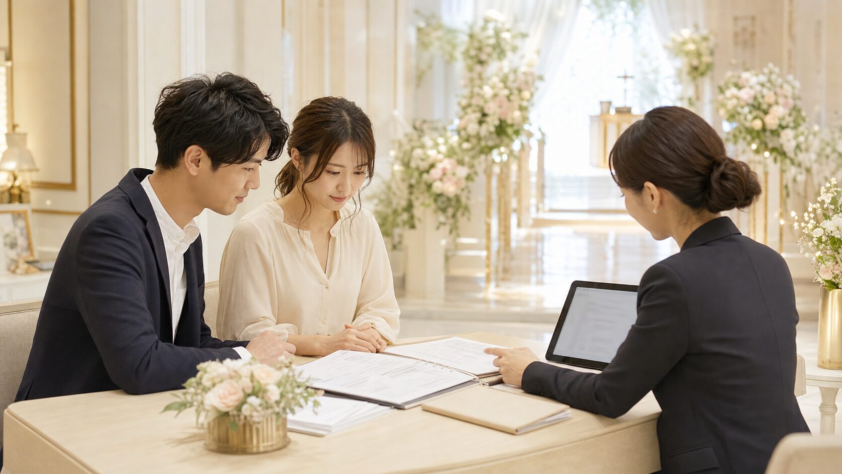 結婚式場で見積書と条件を確認するカップルのイメージ