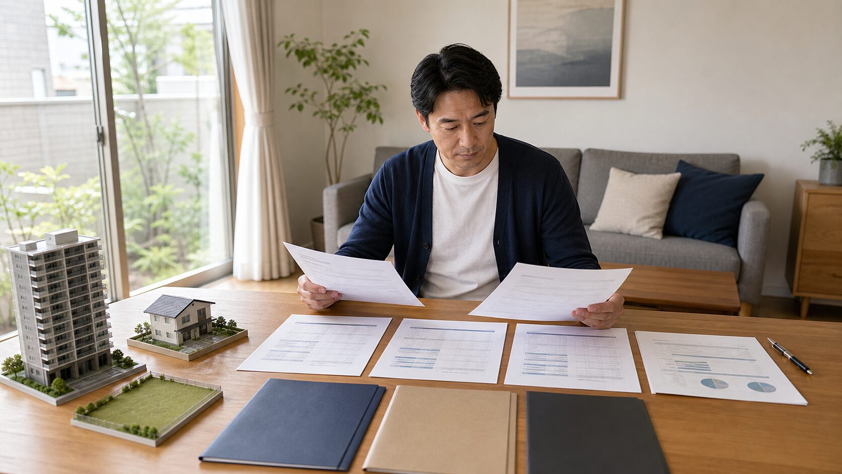 複数の不動産査定書と販売計画を比較する住宅所有者のイメージ