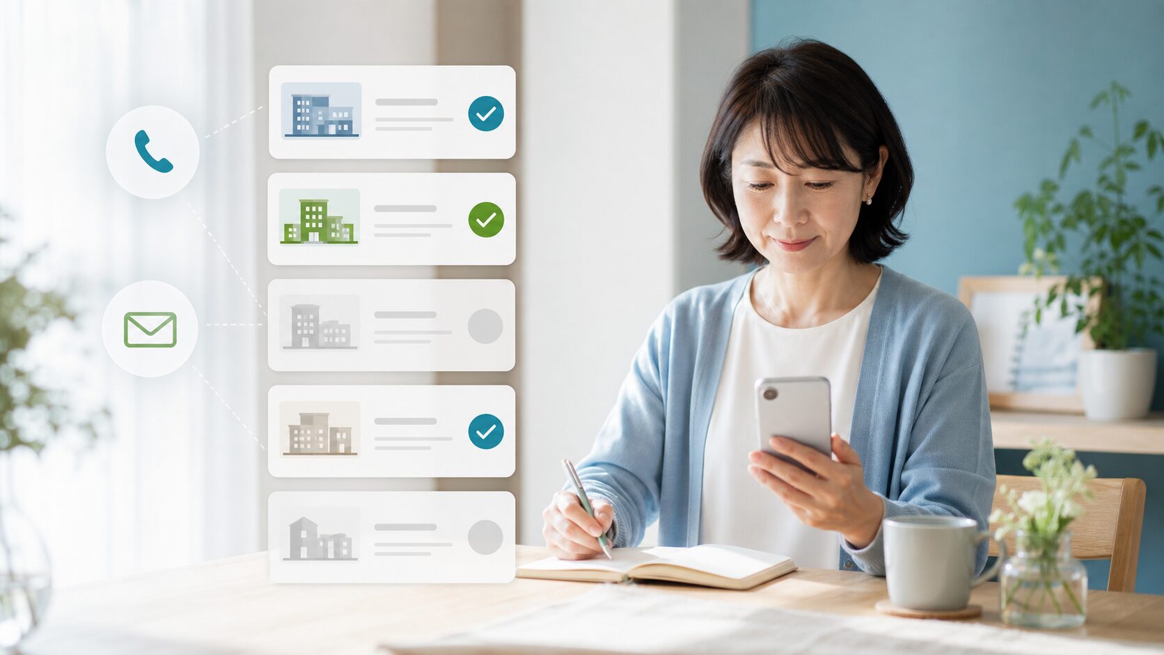 不動産査定を依頼する会社と電話・メール連絡を整理する様子