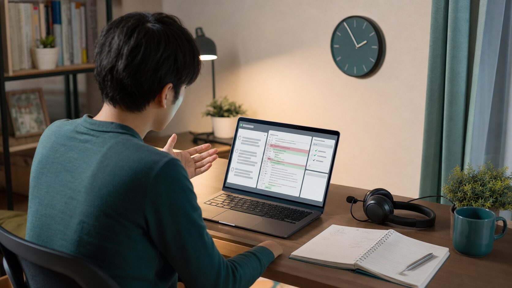 オンライン学習でチャット質問とコードレビューを確認するイメージ