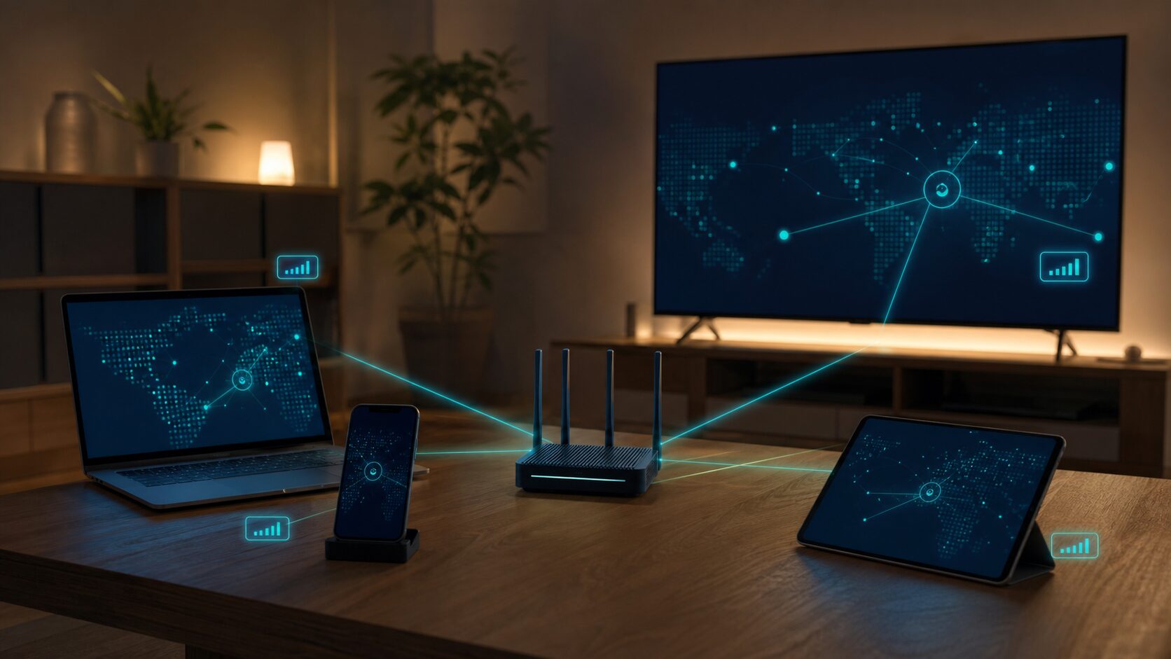 複数の端末とルーターをVPNネットワークにつなぐイメージ