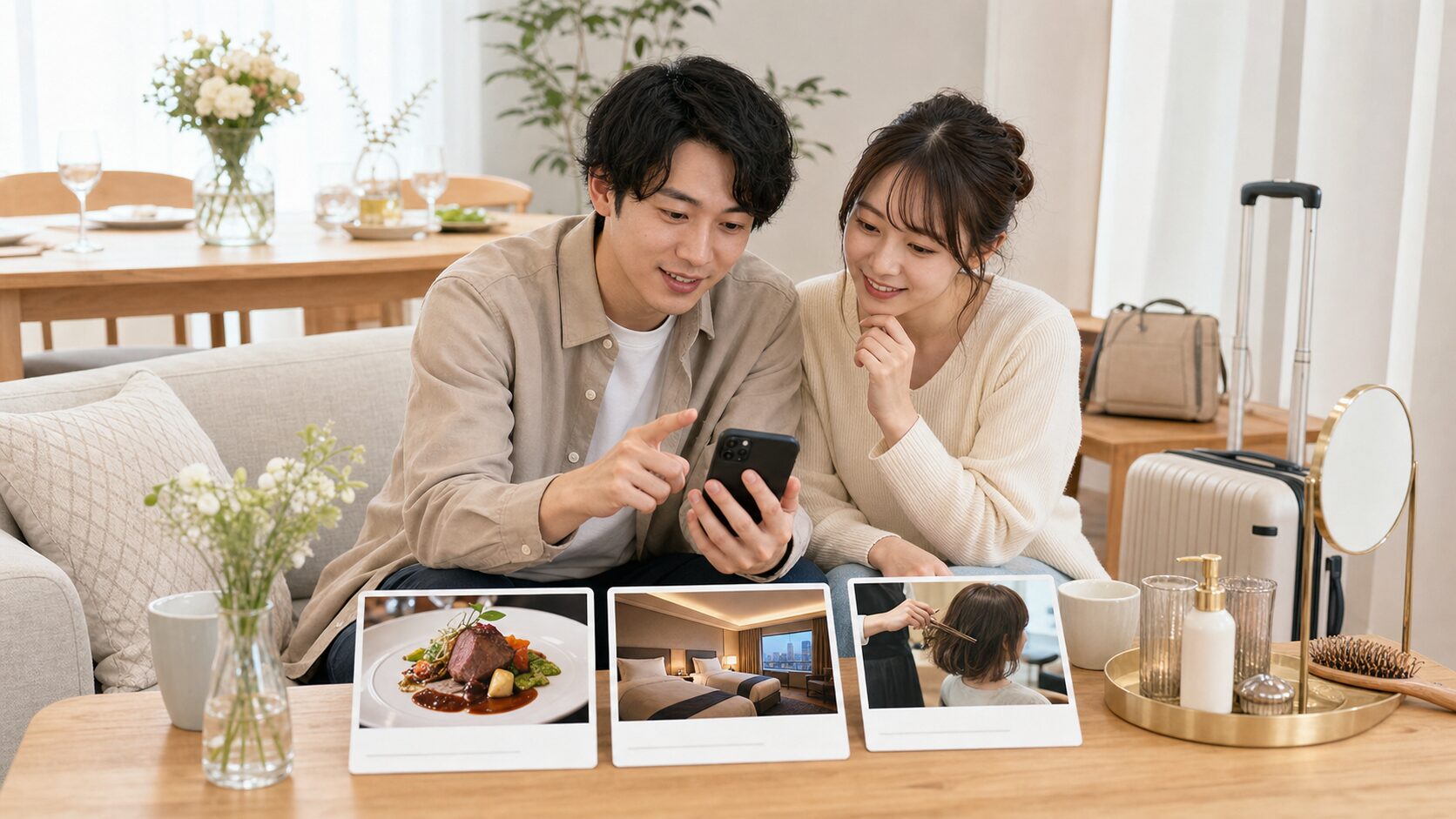 レストラン・ホテル・サロンの候補をスマートフォンで比べるイメージ