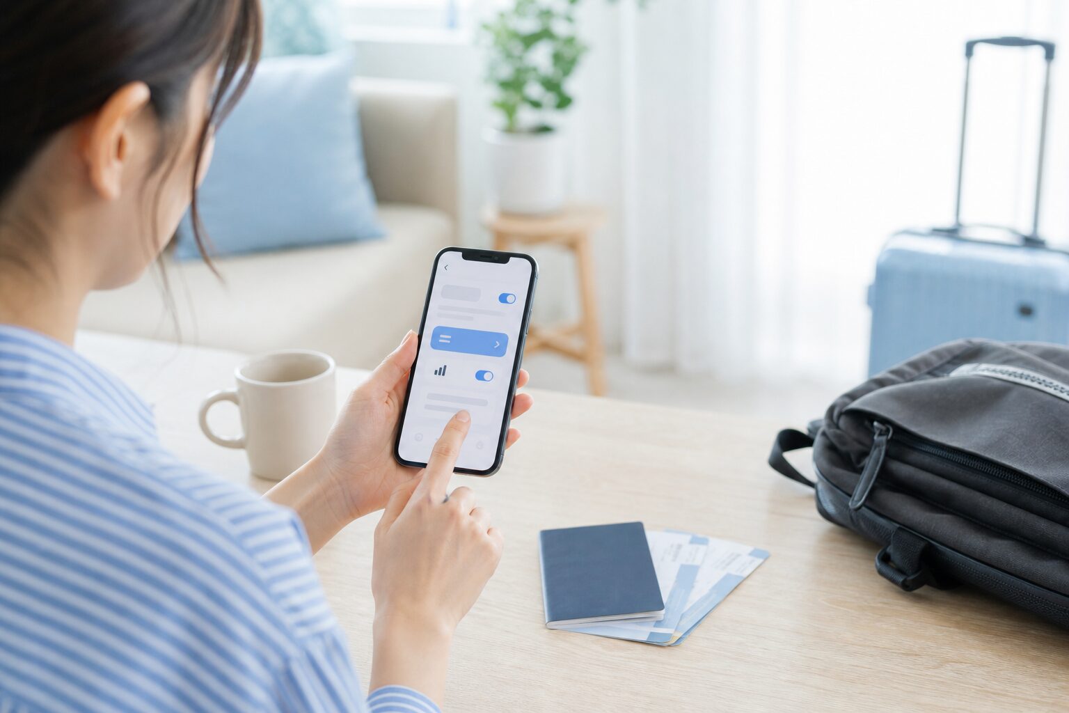 海外旅行前にスマートフォンでeSIMを設定するイメージ