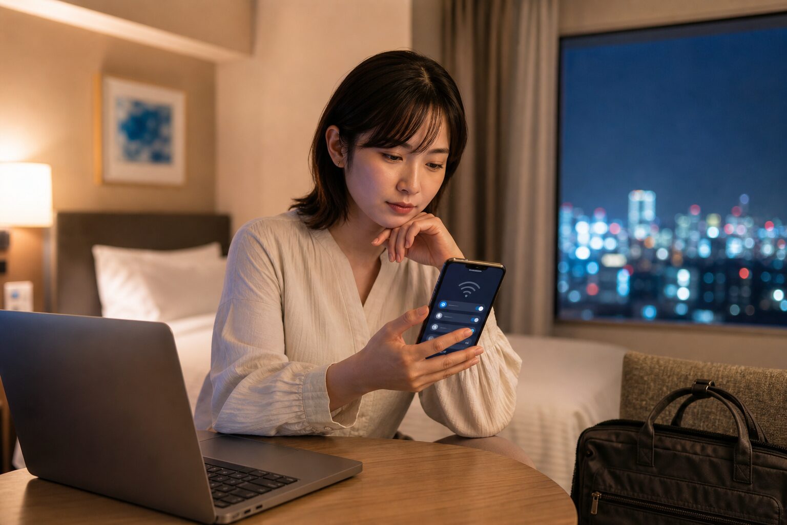 海外のホテルでスマートフォンの通信設定を見直すイメージ