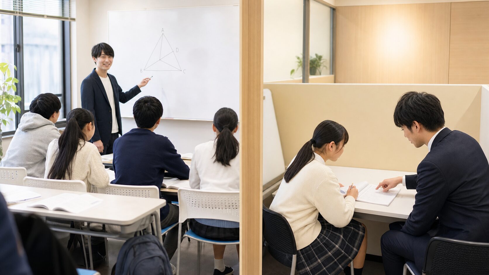 少人数集団授業と完全1対1個別指導を比べるイメージ