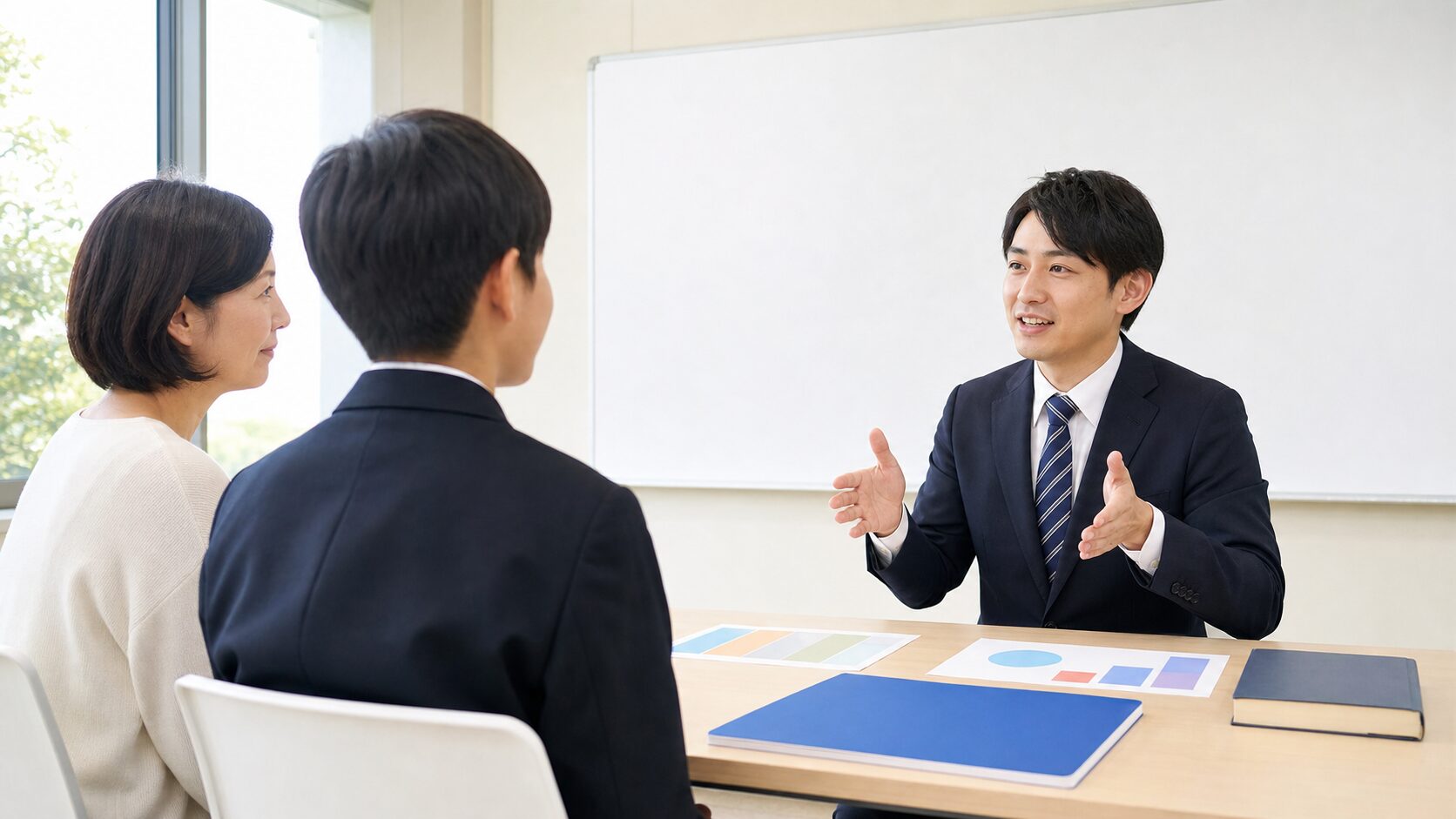 保護者と生徒が体験授業後に学習相談をするイメージ