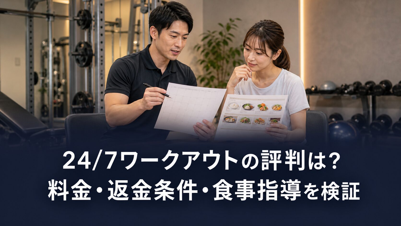 24/7ワークアウトの料金・返金条件・食事指導を確認する利用者とトレーナー