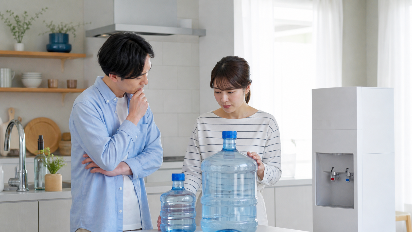 異なる容量のボトルとサーバーを比べる夫婦