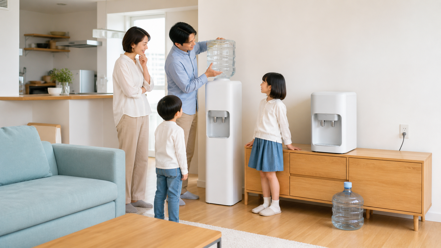 床置き型と卓上型のウォーターサーバーを比べる家族