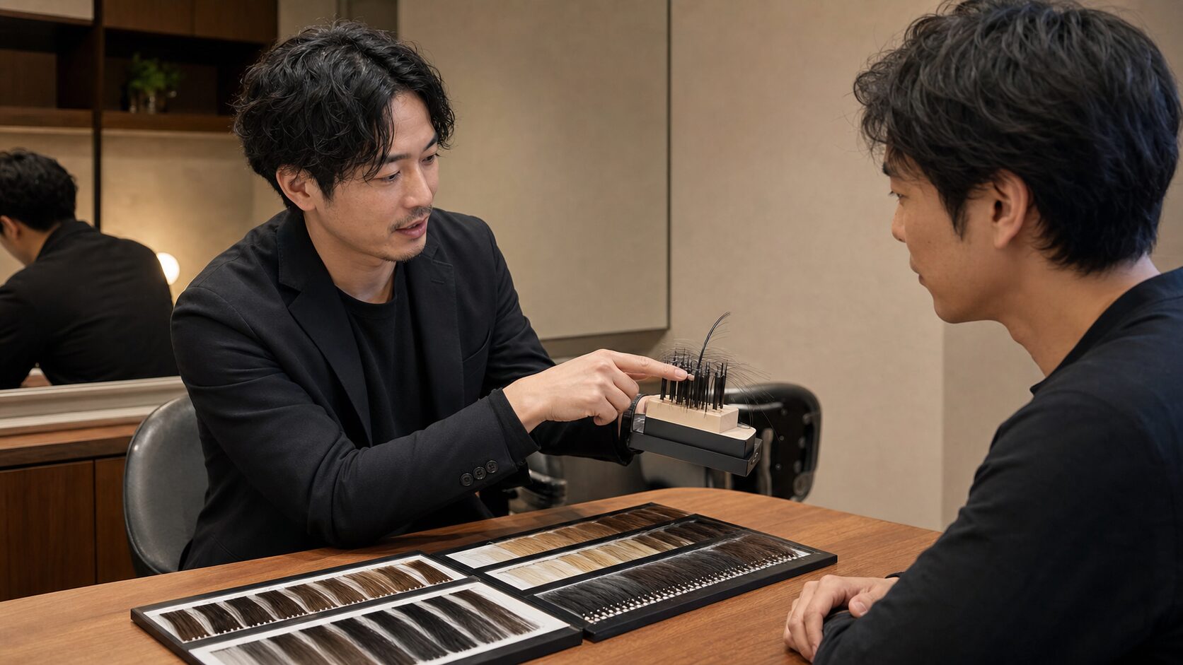人工毛の色や質感と自毛への結び方を個室サロンで確認する男性
