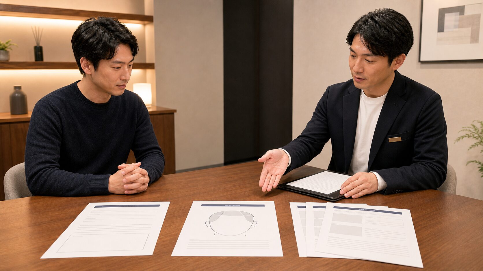 相談・増毛体験・本契約の書類を個室で分けて確認する男性