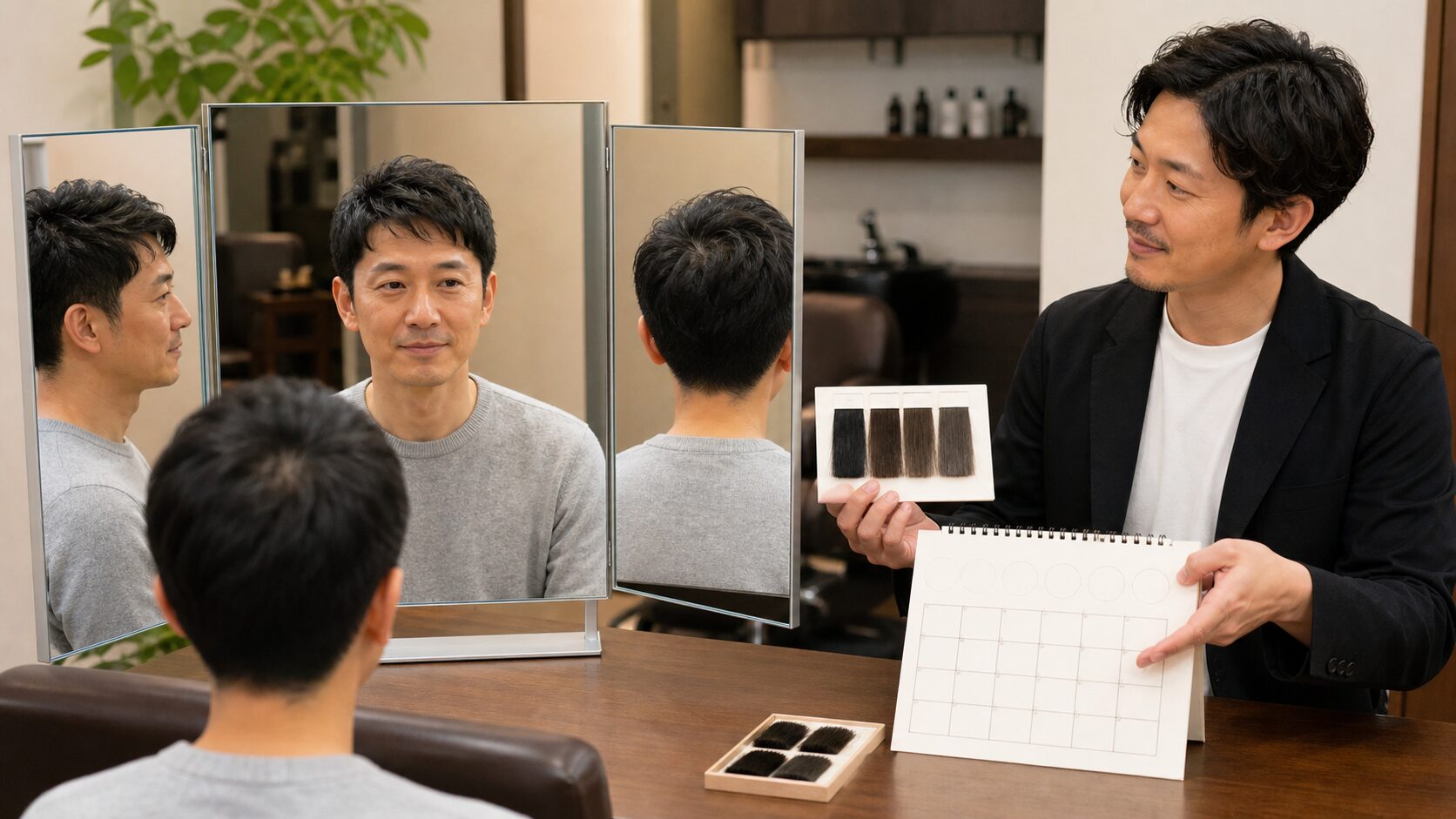 三面鏡で髪型と人工毛の色、月ごとの手入れ予定を確認する男性