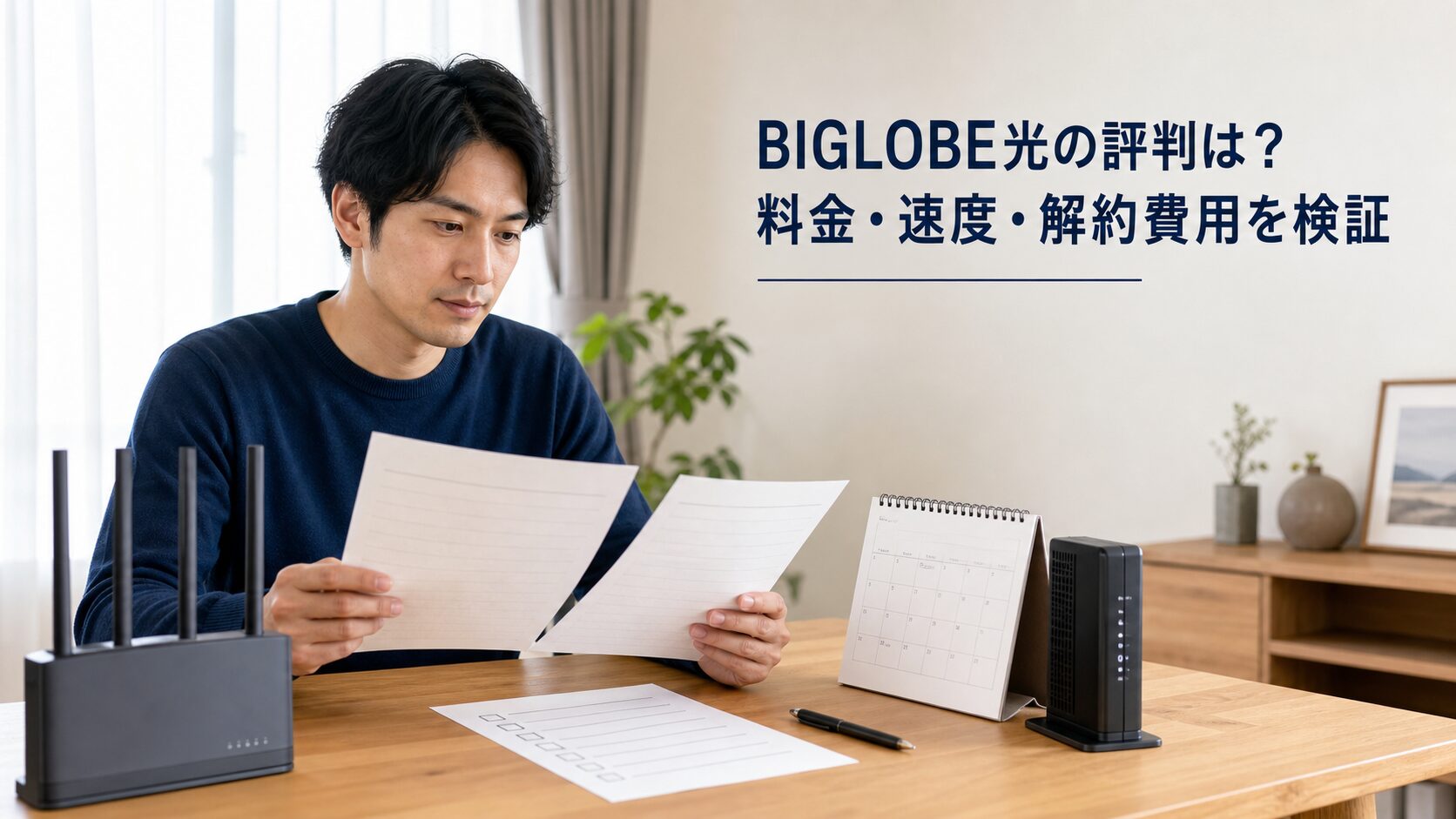 BIGLOBE光の料金・速度・解約費用を確認する利用者と光回線機器