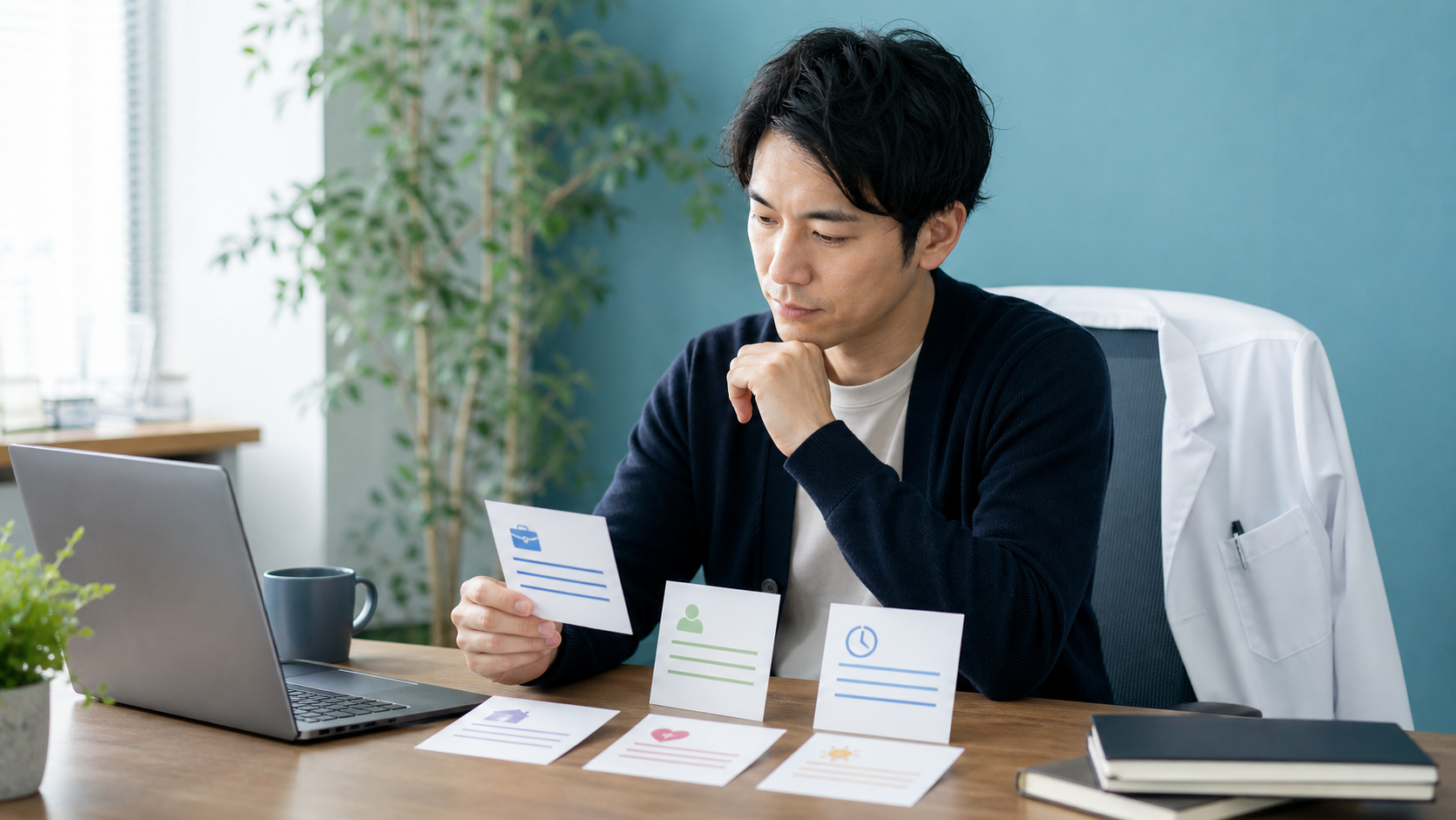 医師が診療科や勤務日数などの求人条件を比較するデスク