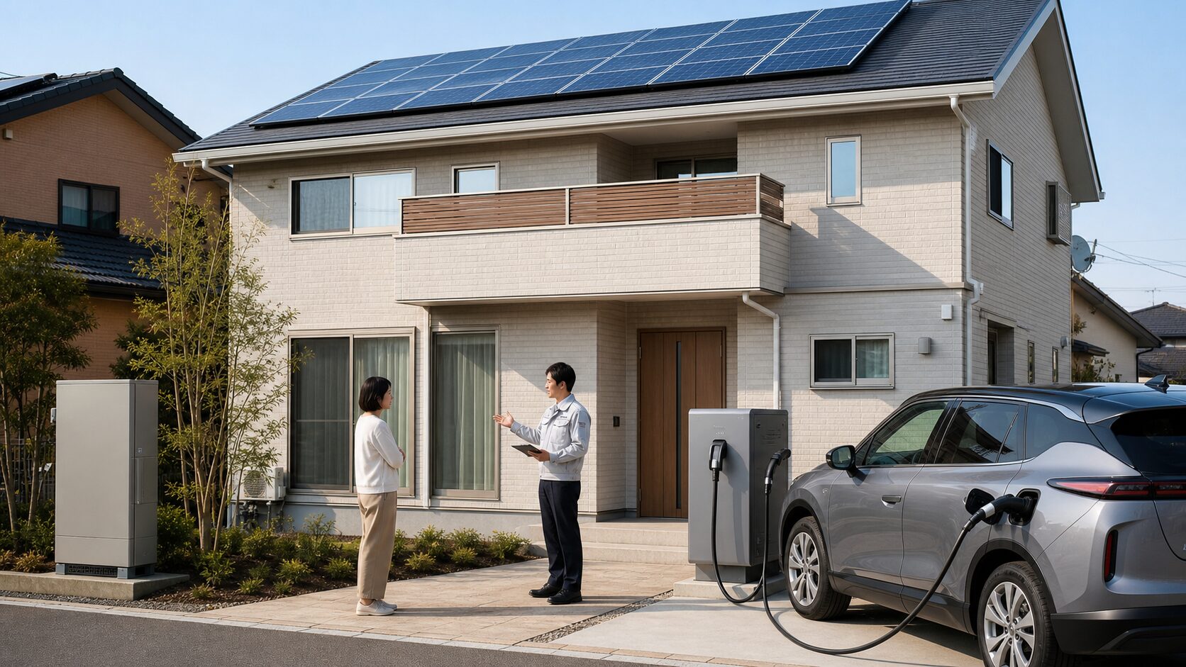太陽光パネル・家庭用蓄電池・V2Hの役割を住宅で確認する場面