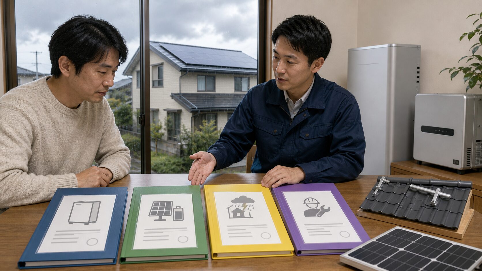 太陽光・蓄電池の機器、性能、災害、施工の保証を分けて整理する場面
