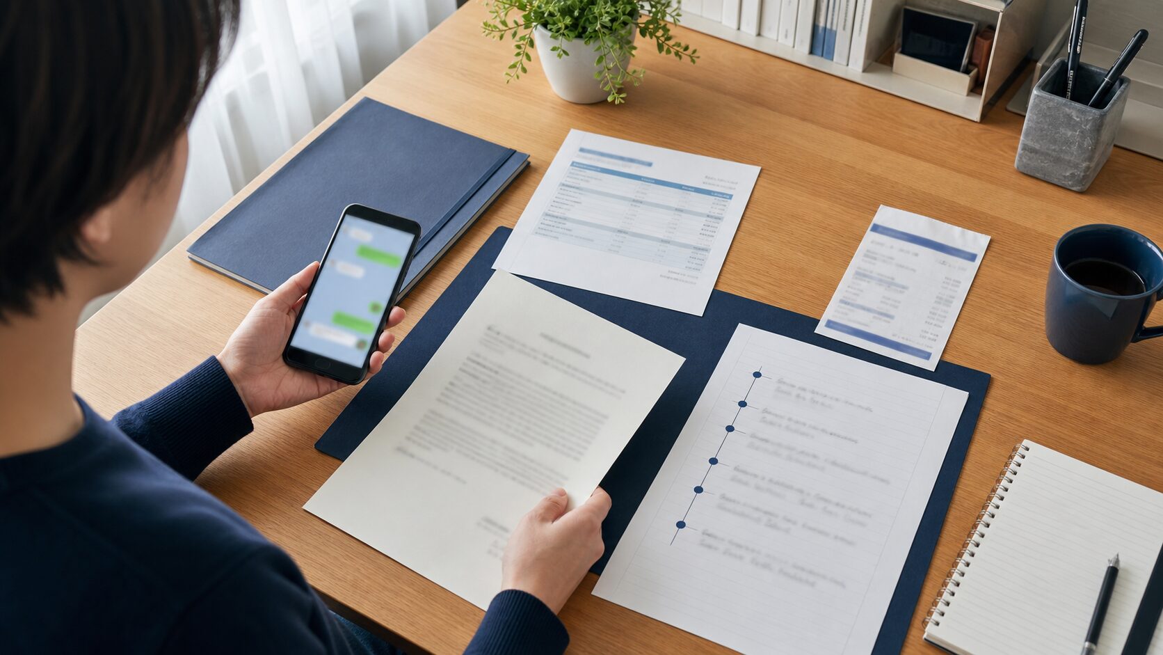 スマートフォンの連絡履歴と契約書、決済明細を整理する相談者