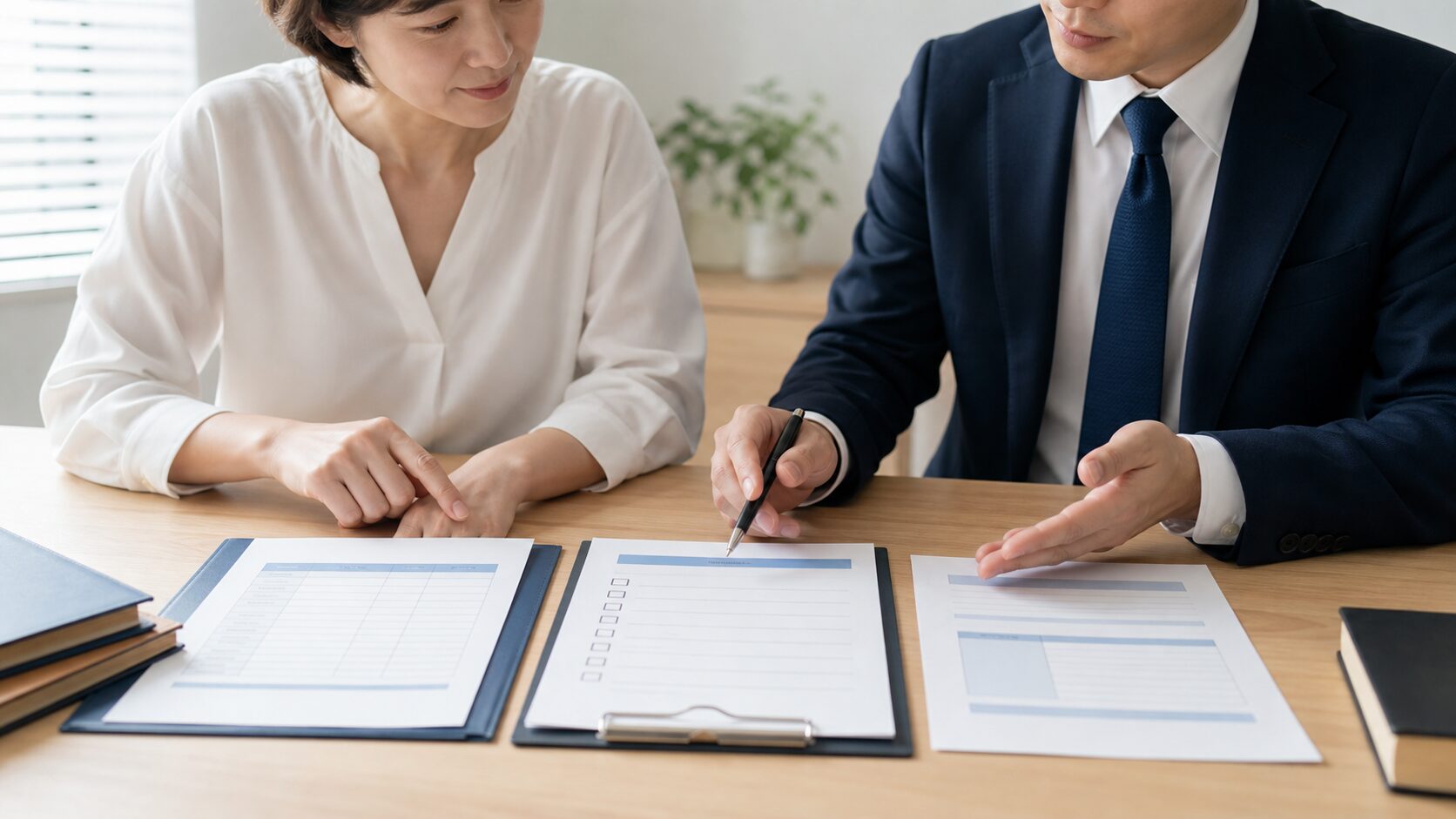 相談者と法律スタッフが費用見積りと委任範囲を照合する場面