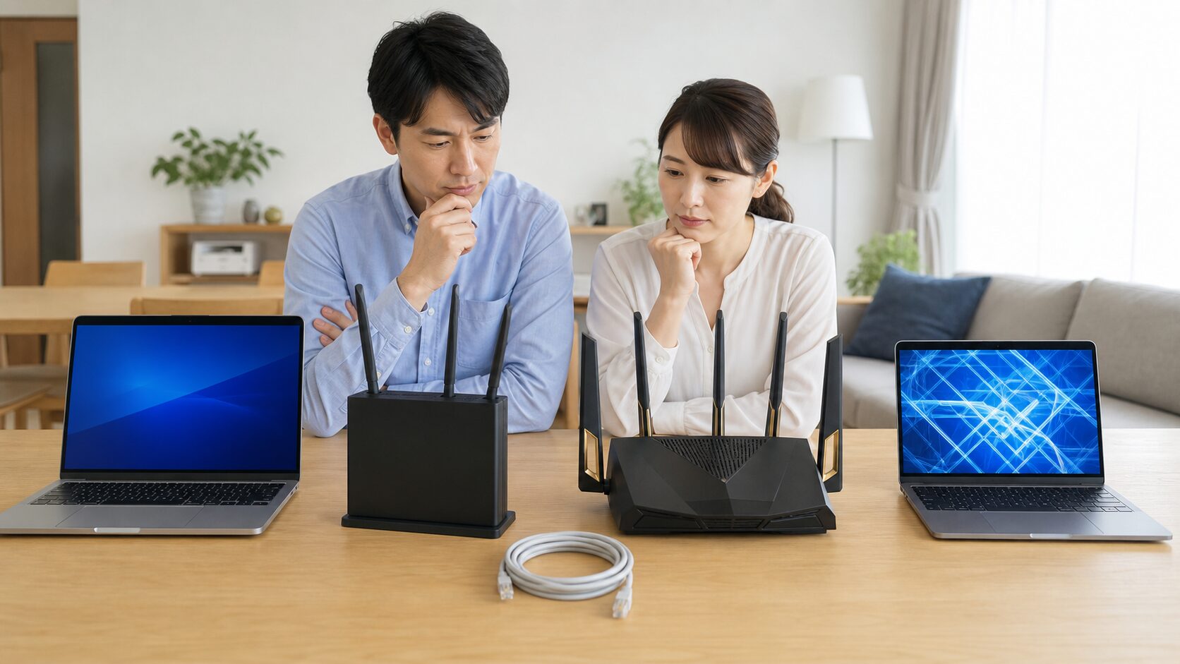 1ギガ向けと10ギガ向けのWi-Fiルーターを比べる夫婦