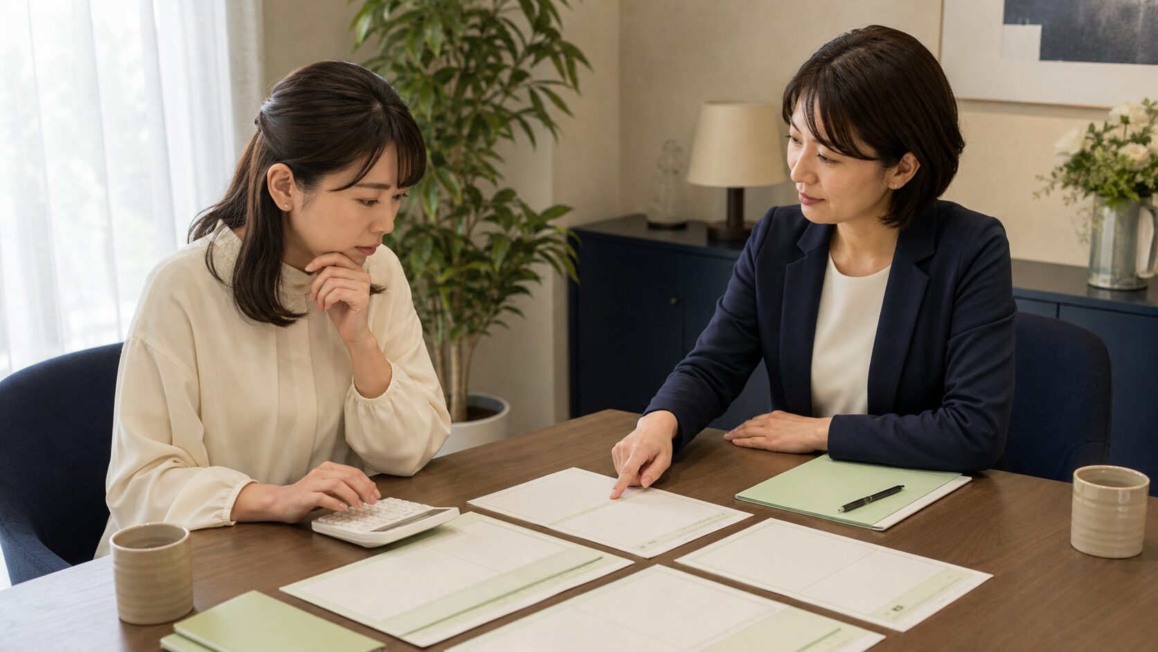 結婚相談所の3つの料金プランを電卓で比較する相談風景