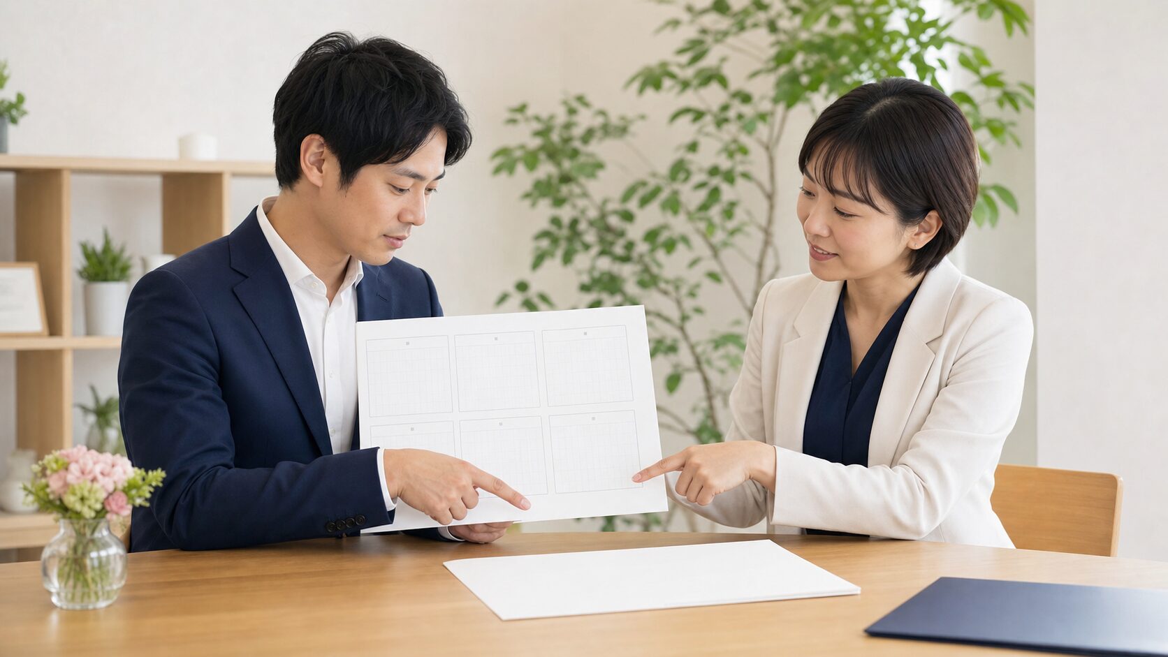 6か月のお見合い保証の条件をカレンダーで確認する相談風景
