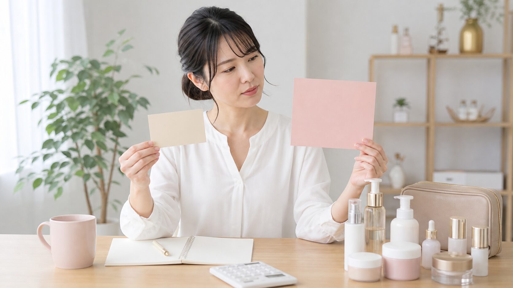 講座受講料とスターターキット費用を比較する女性