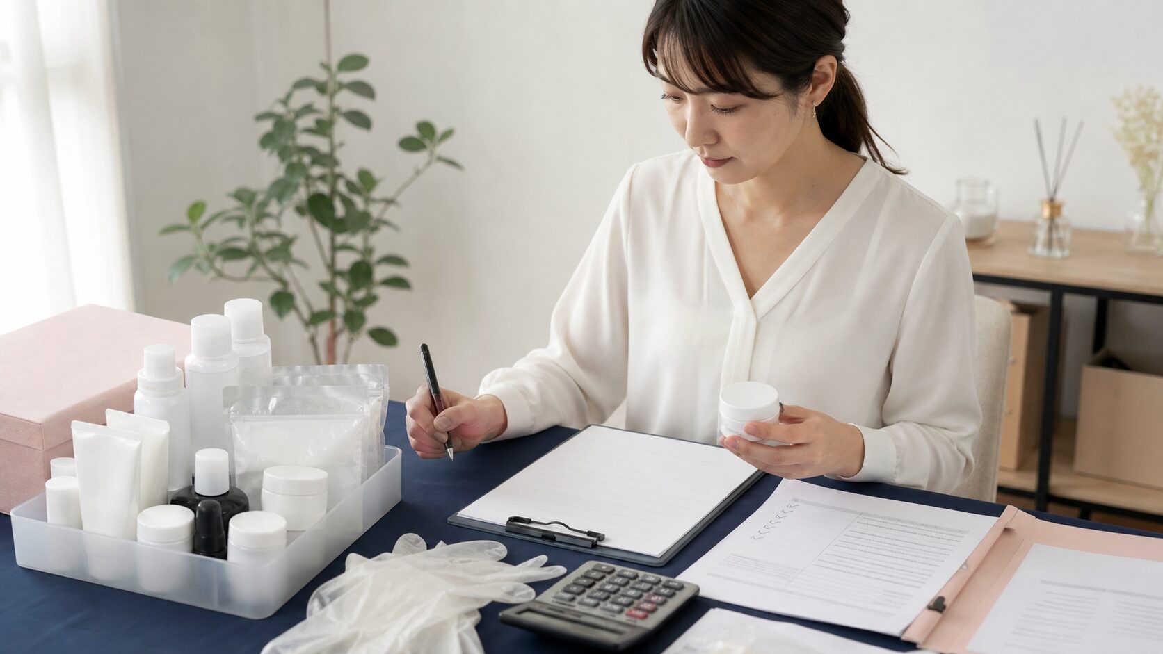 スターターキットの明細と契約書と安全資料を照合する女性
