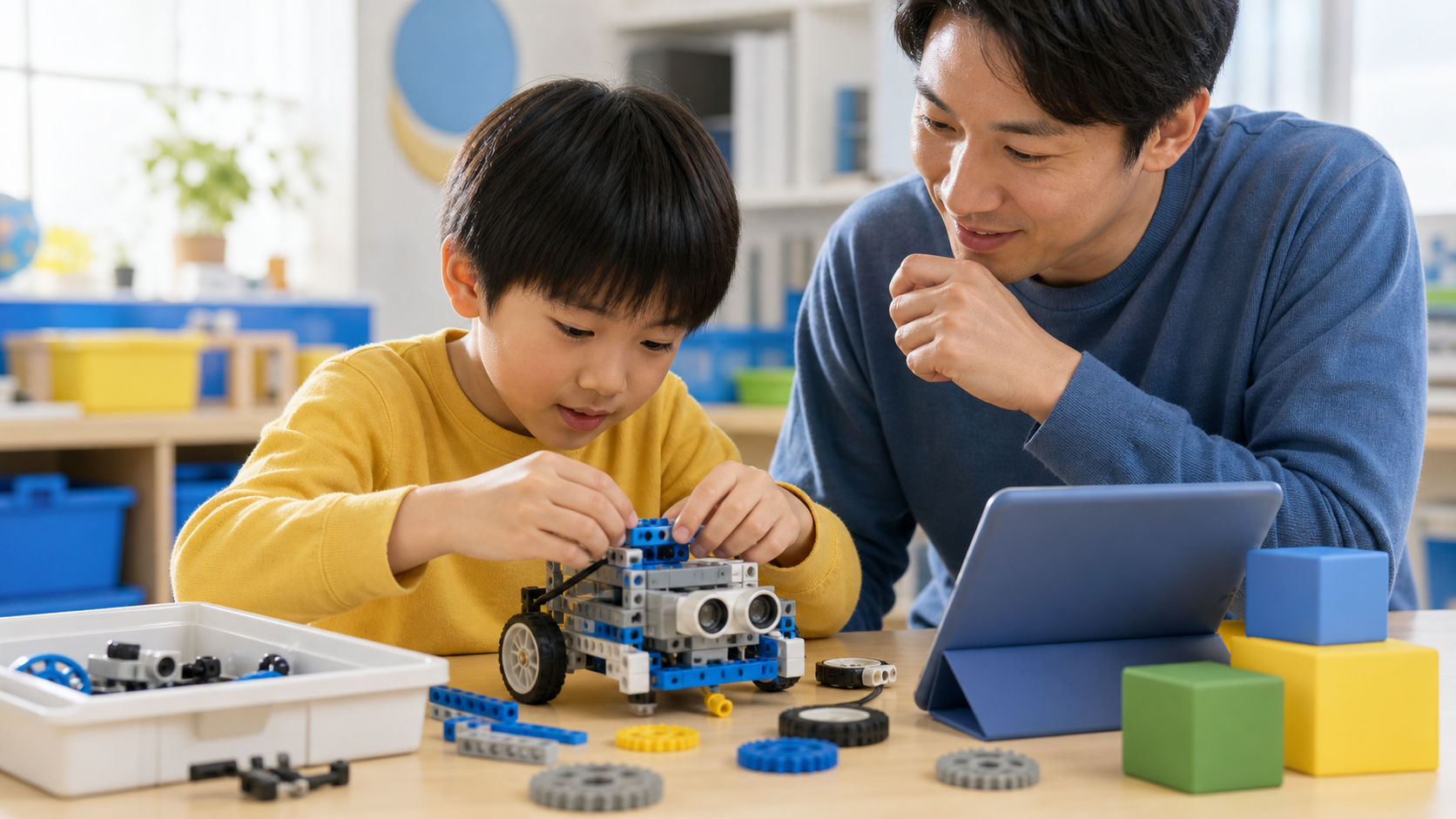 子どもがロボットの組み立てからタブレット制御へ進むイメージ