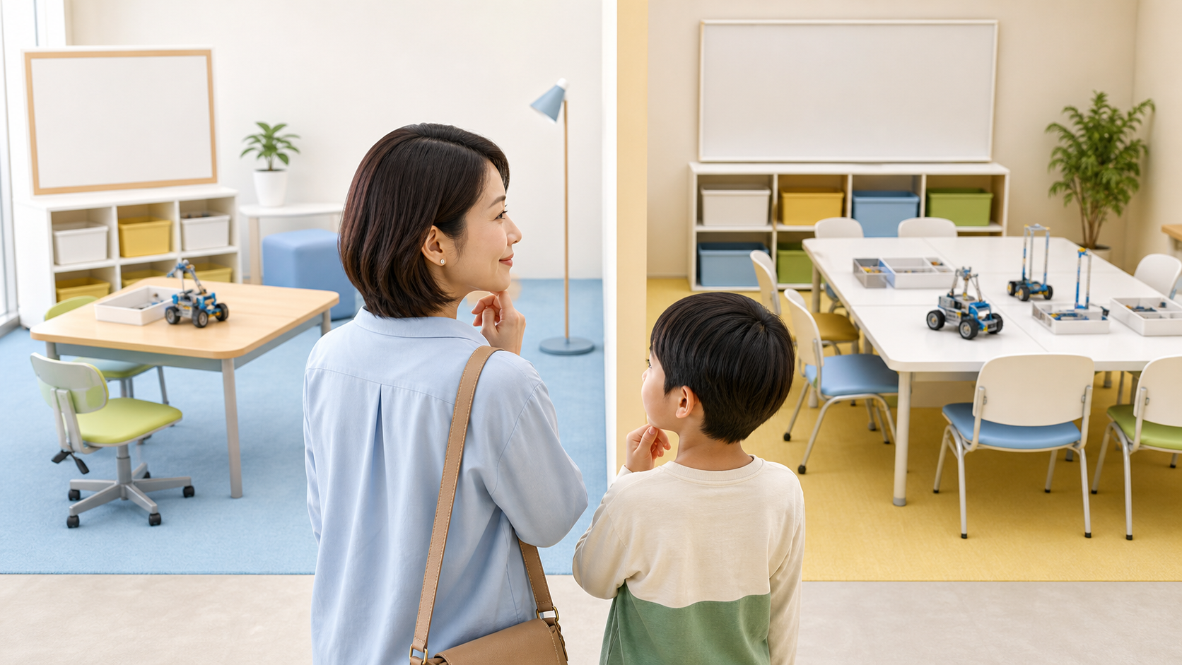 保護者と子どもが座席配置の異なるロボット教室を比べるイメージ