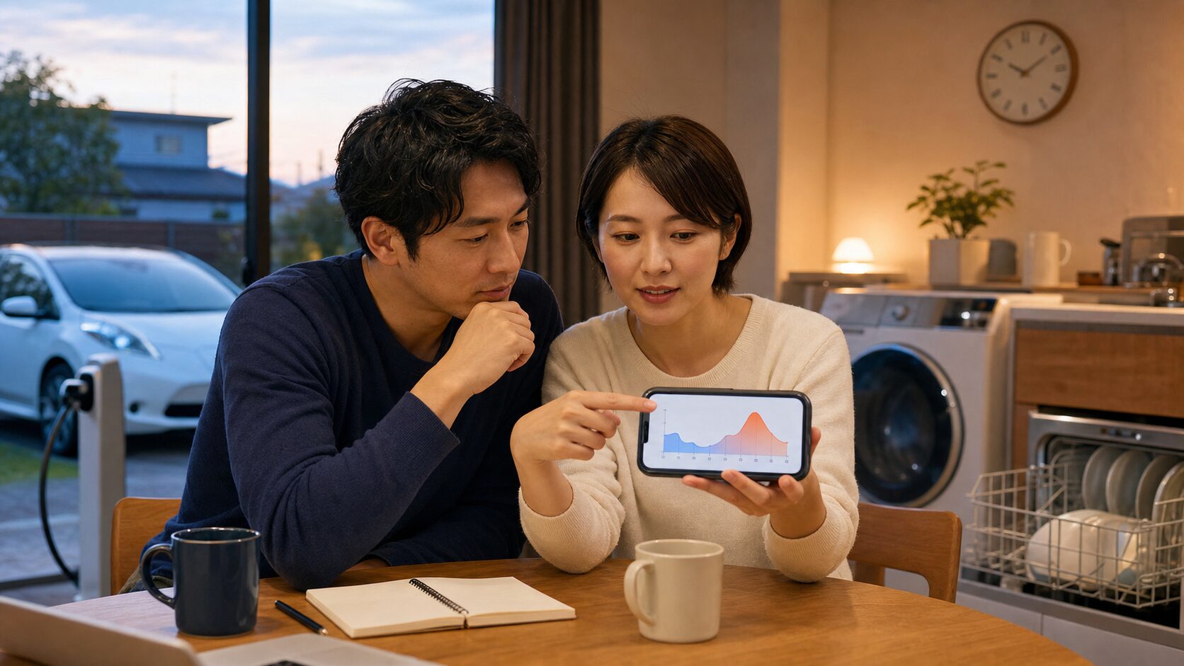 30分ごとの電力市場単価と家電を使う時間を考える夫婦