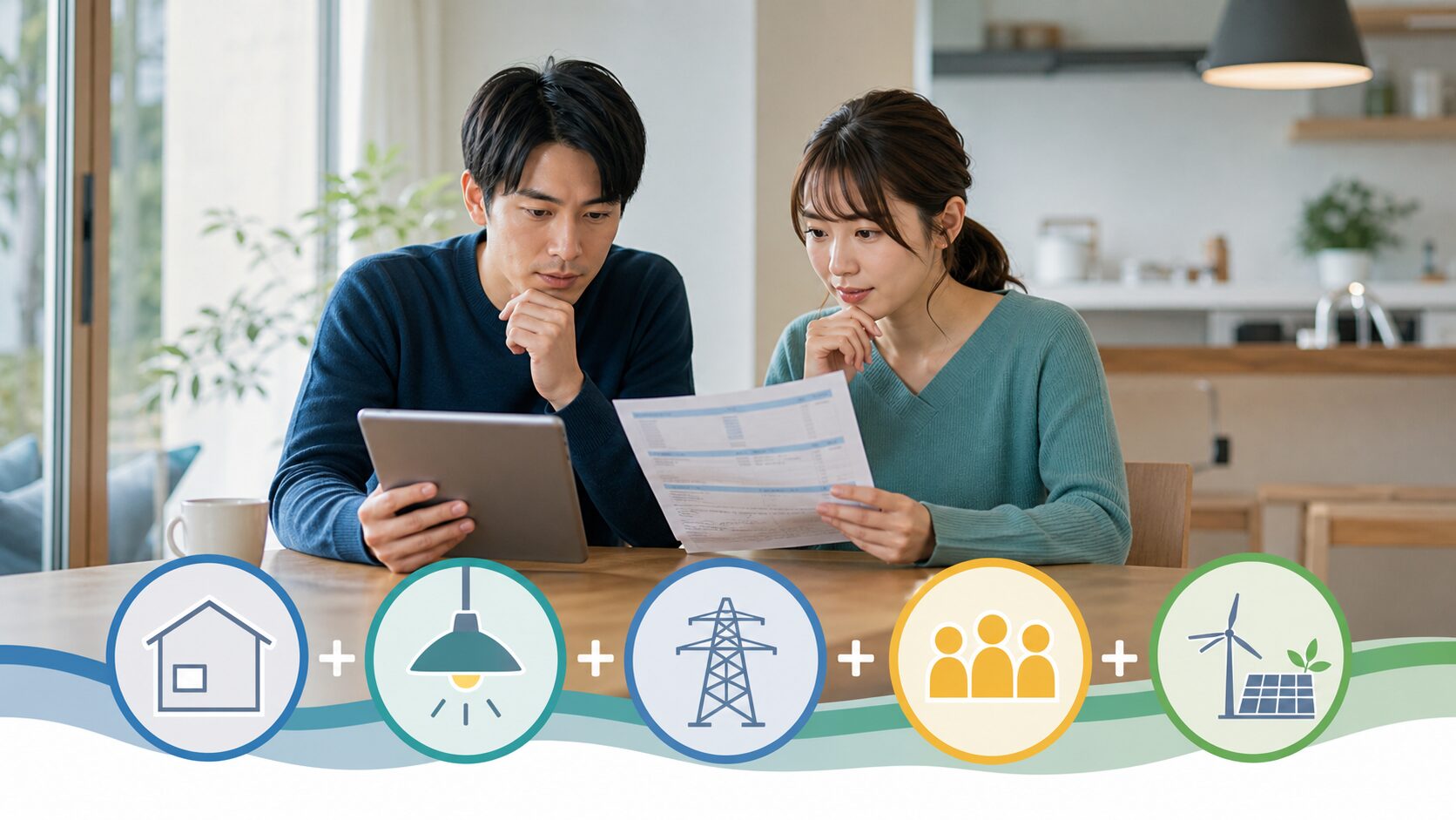 基本料金や使用量、送配電、容量拠出金、再エネ賦課金を確認する夫婦