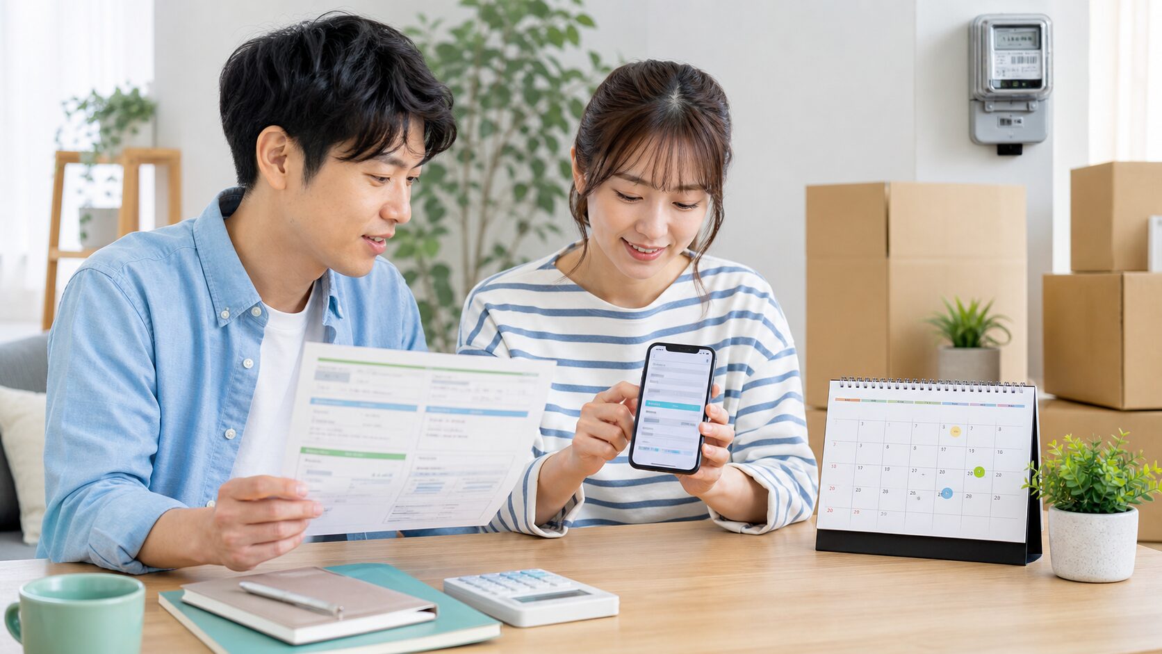 検針票と支払い情報、引越し日を整理して電力契約を申し込む夫婦