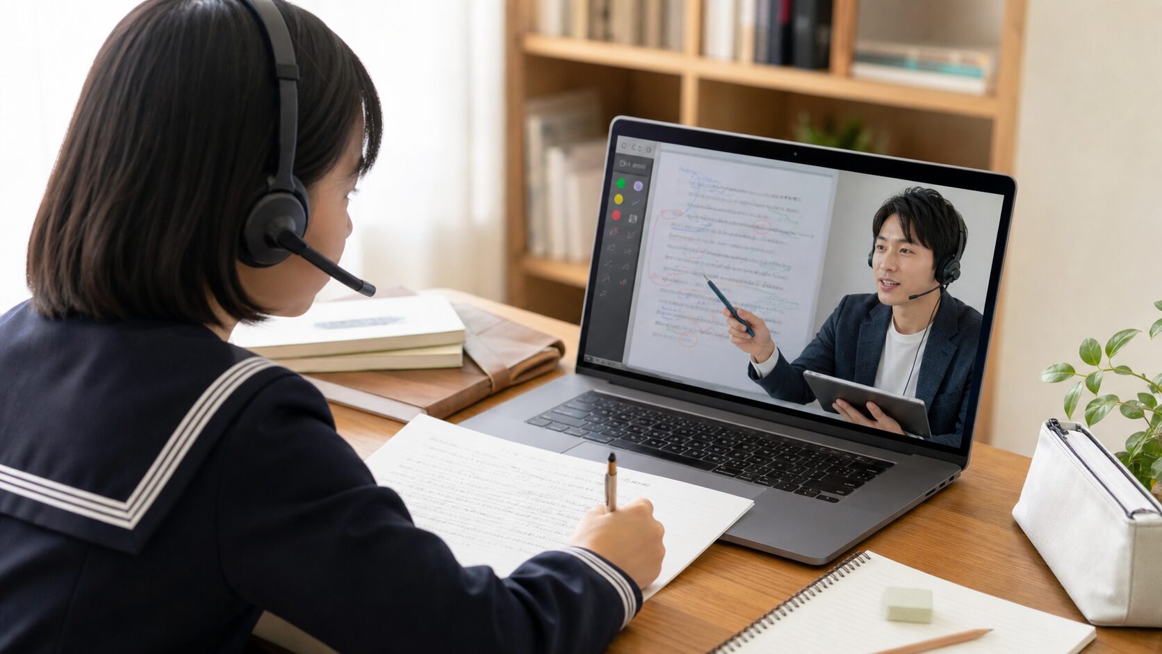 オンラインで英作文の個別添削を受ける中学生