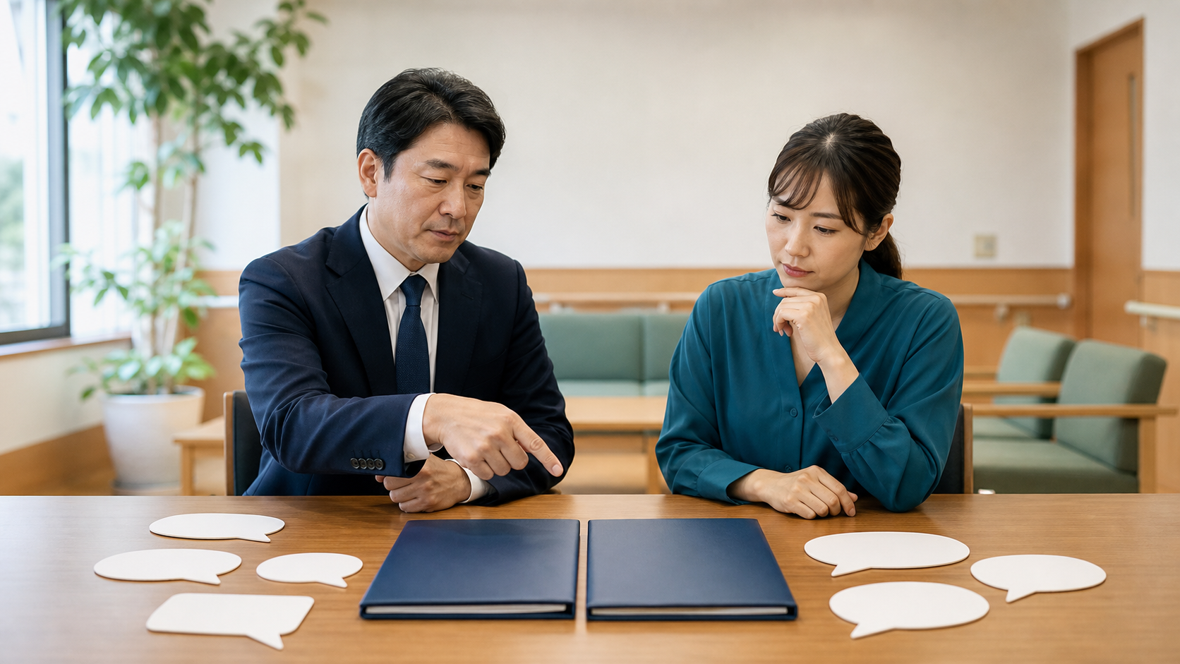 介護施設の担当者が評判と契約書面を分けて比較するイメージ